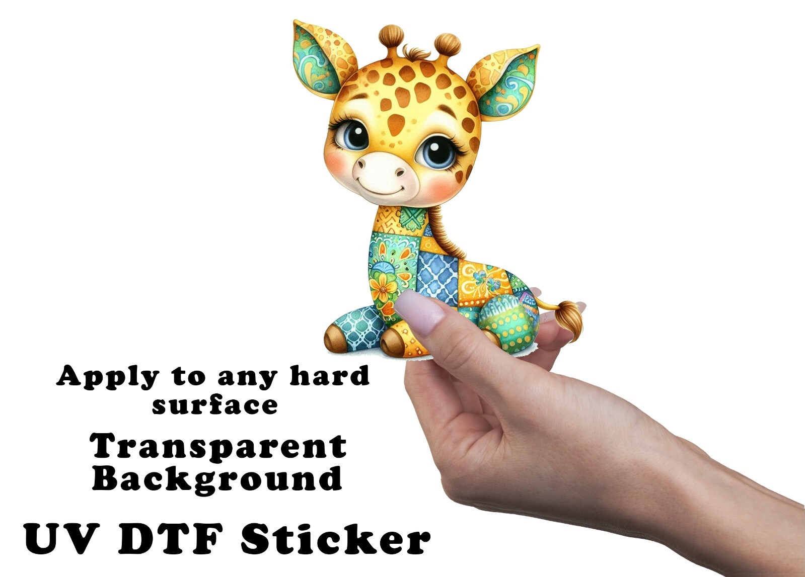 Green and Blue Patchwork Giraffe UV DTF Transparent Sticker / Decal
