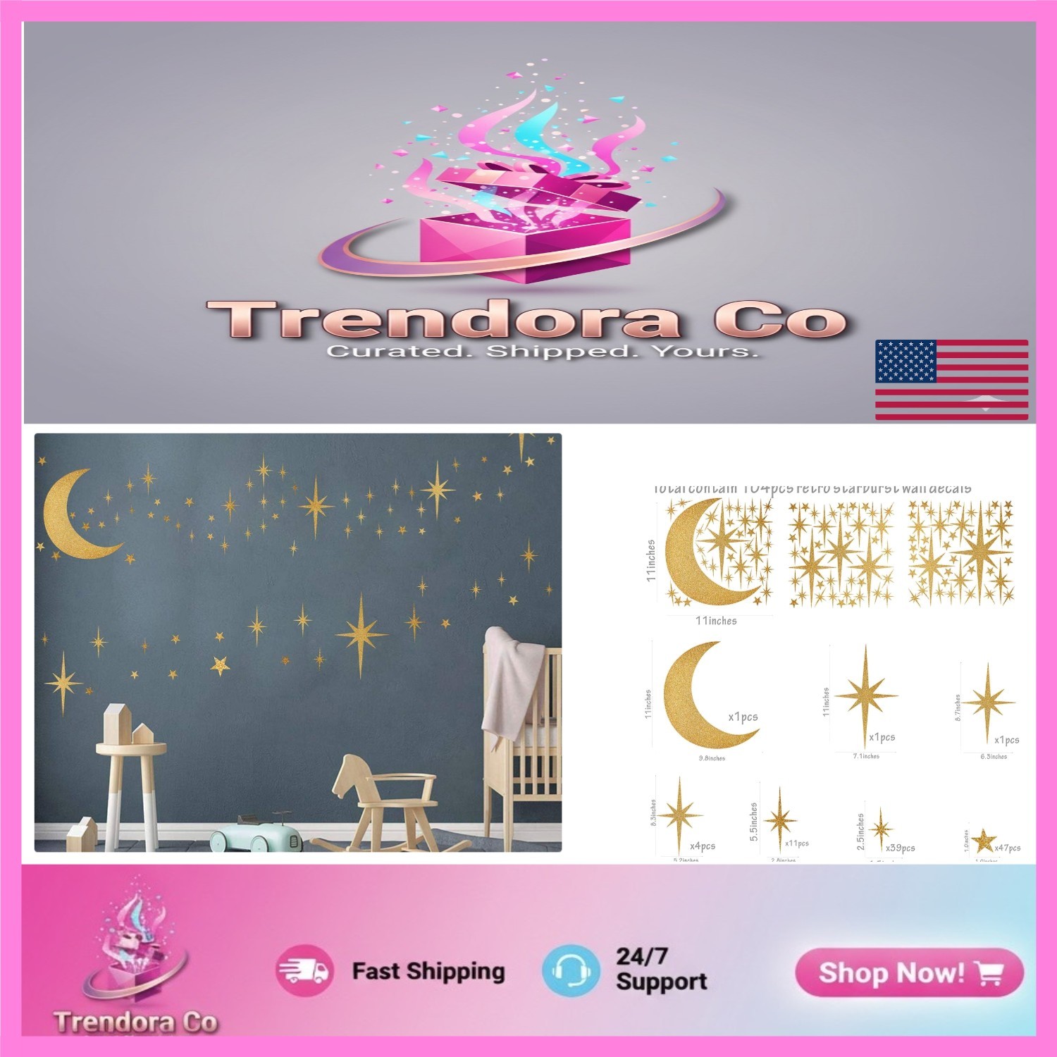 Retro Starburst Vinyl Wall Decals – Celestial Moon & Star Set for Kids' Rooms