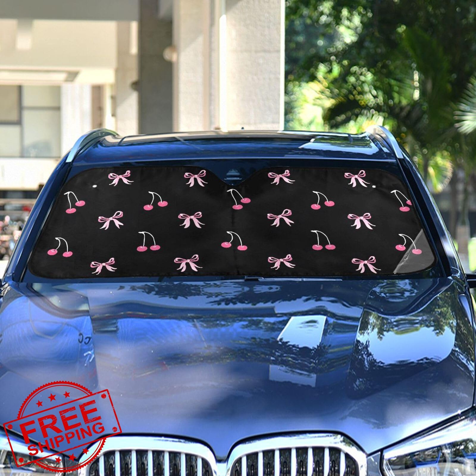 ALAZA Windshield Sunshade Black Pink Bow Cherry