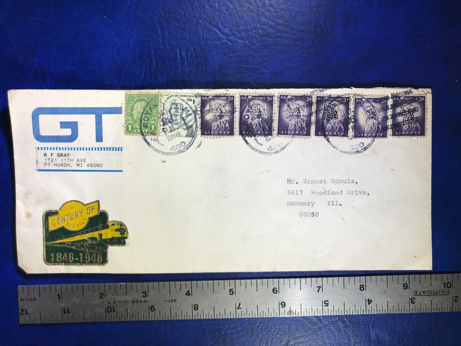 Grand Trunk Western Railroad Envelope with Postmark, Stamps & 100 Years Sticker