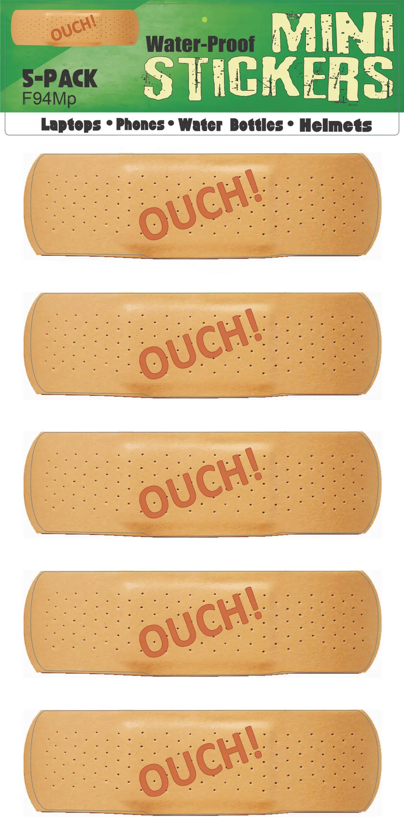 Set of 5 Mini Bandage "ouch!" Stickers 1×3 Inch Vinyl Decals for Phones, funny