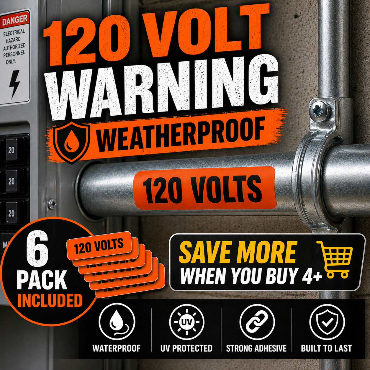120 Volt Warning Decal – Electrical Panel / Conduit Sticker – Waterproof – 6 Pac