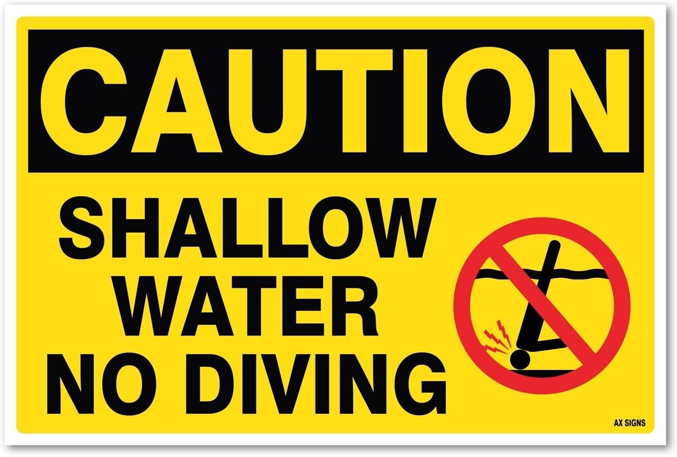 (2 Pack) Caution: Shallow Water No Diving, Sticker Sign, 10×15 Inches