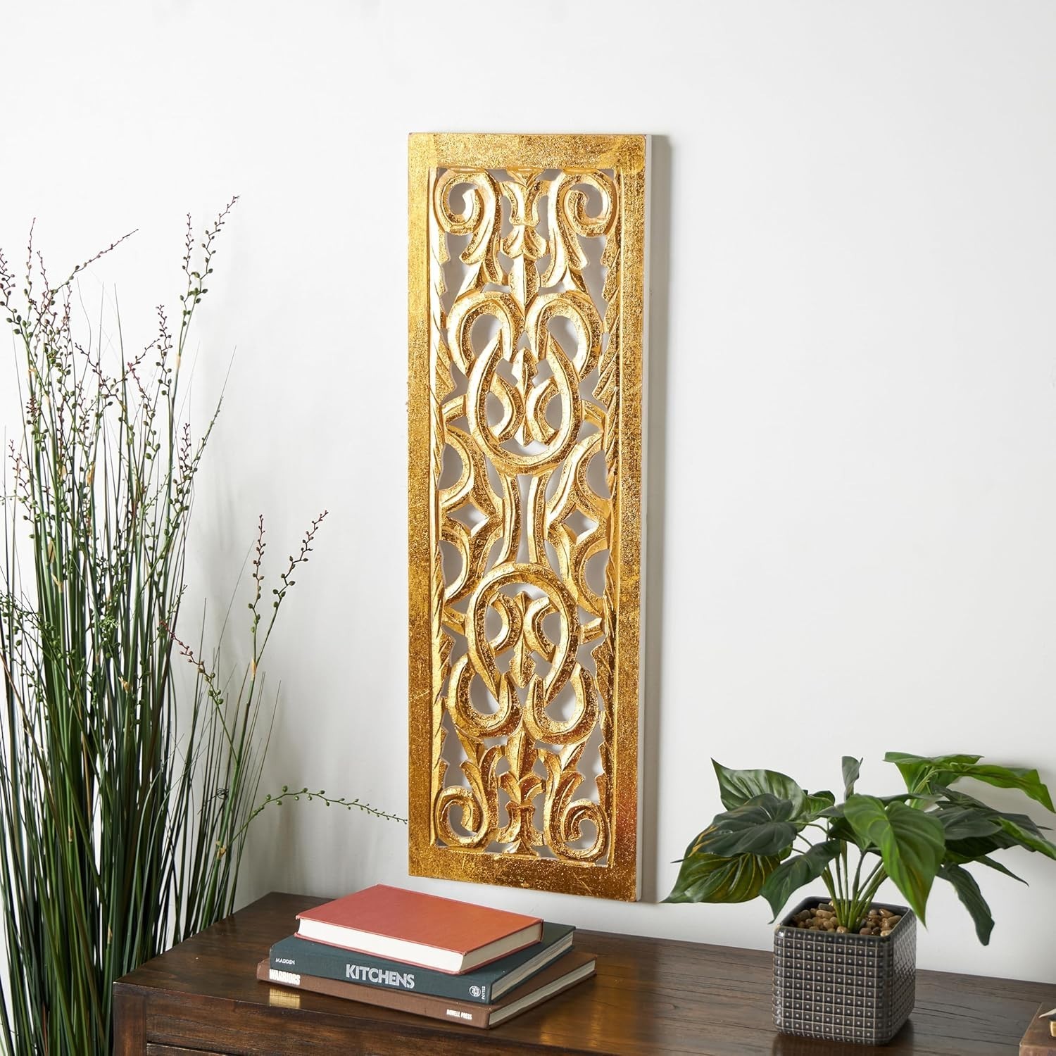 Hand-Carved Floral Wall Sculpture in Gold, 36" x 12" for Elegant Decor