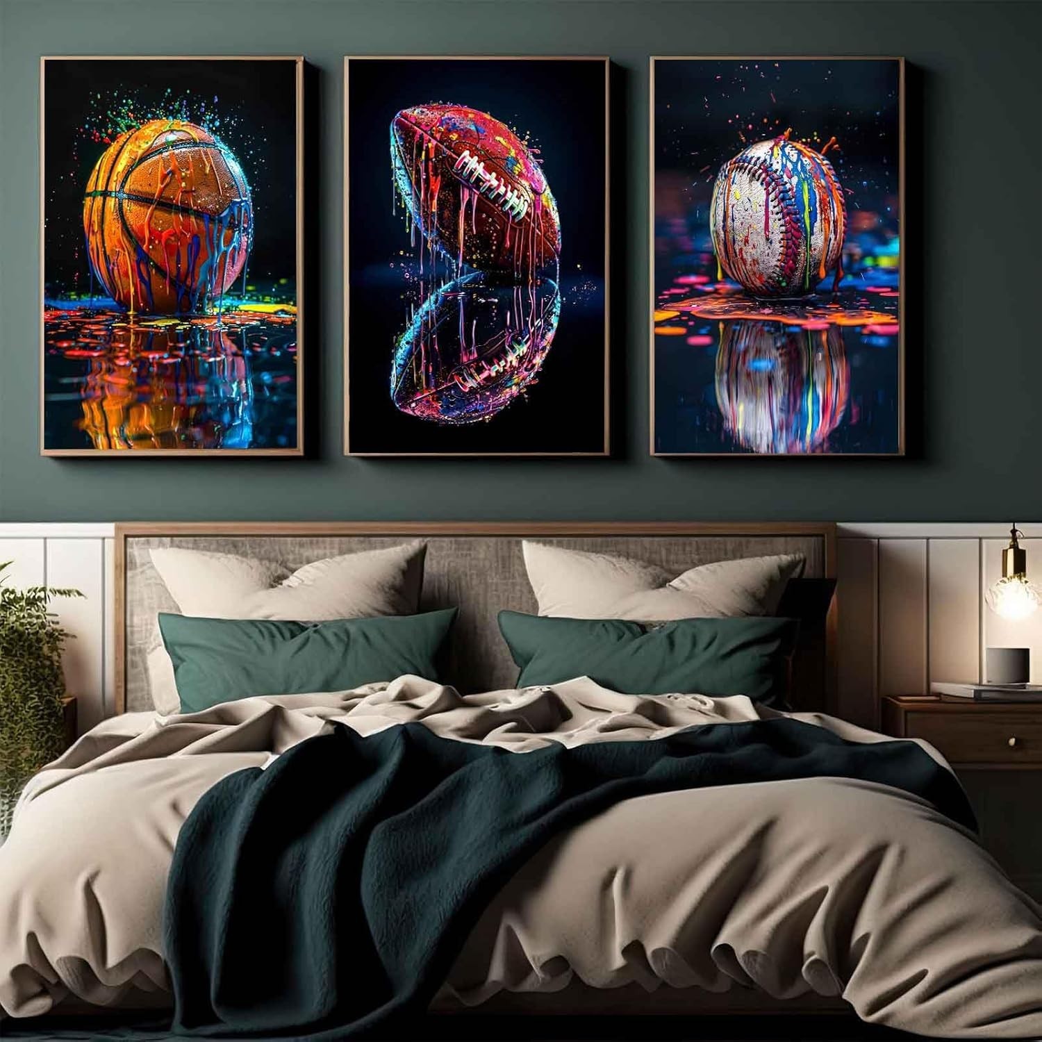 3Pcs Graffiti Sports Canvas Wall Art Boys Room Rustic Football Baseball Rugby…
