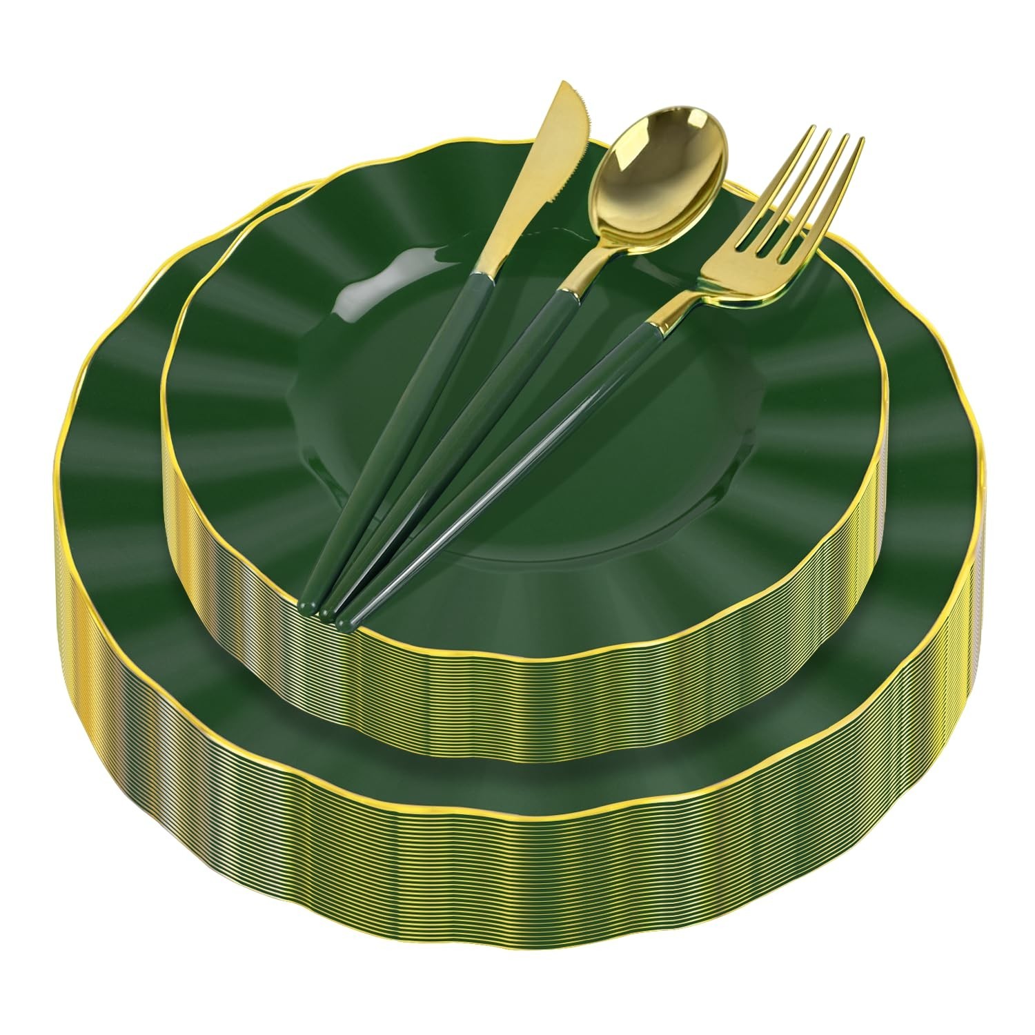 150Pcs Plastic Plates with Gold Rim,Heavy Duty Green Plates for 30 Guests,Pla…