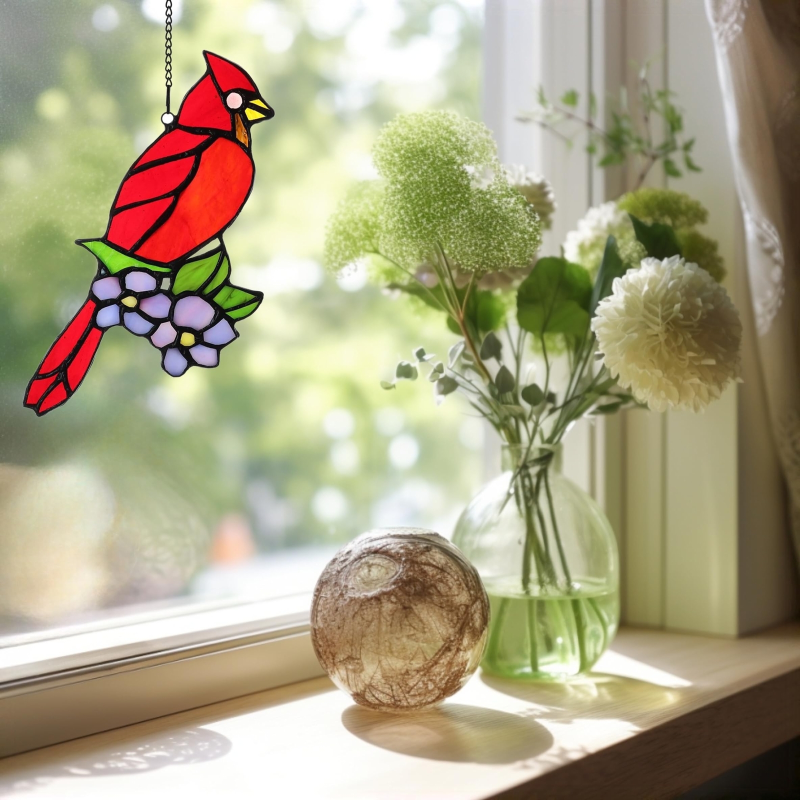 Cardinal Bird and Dogwood Stained Glass Window Panels Hangings Handcrafted Su…