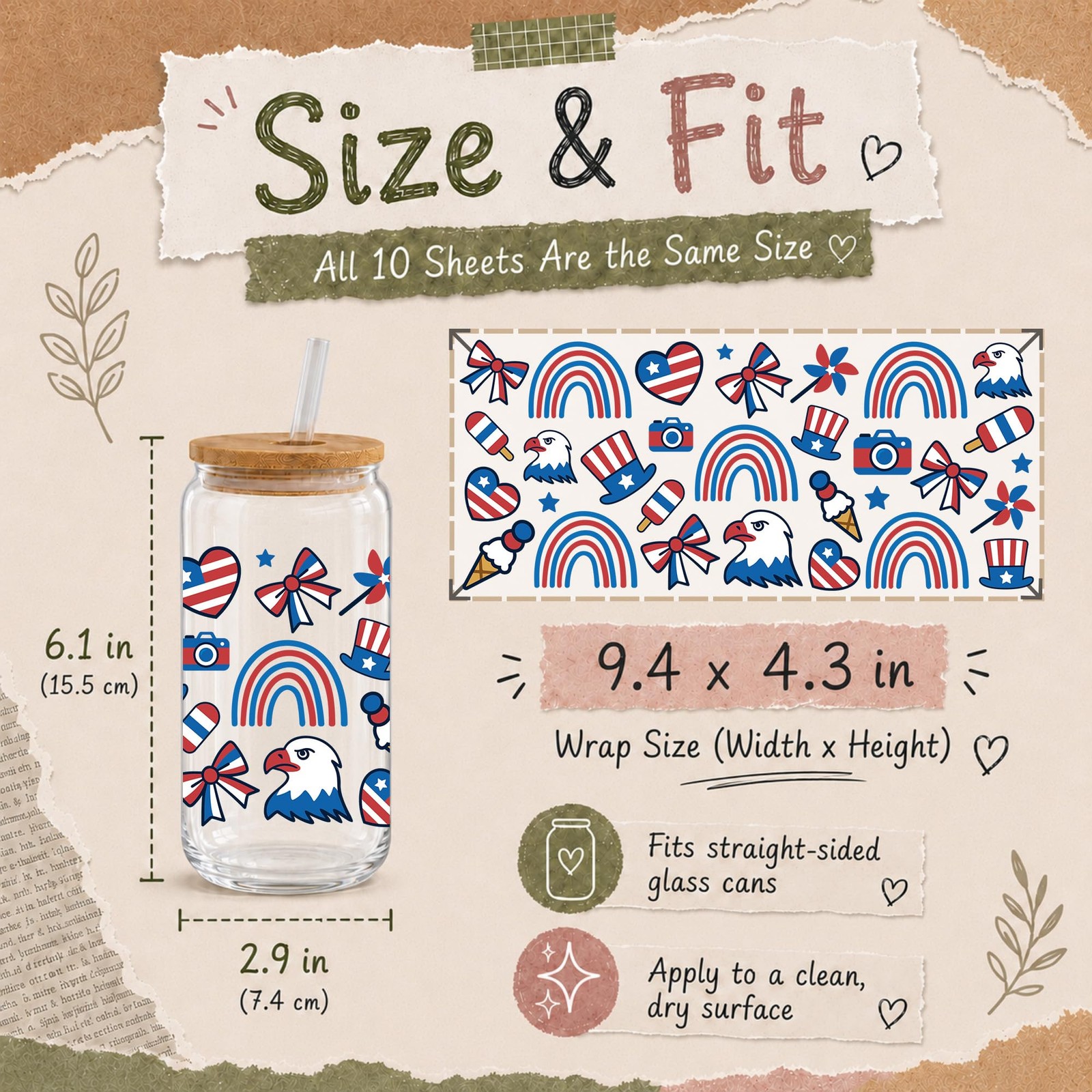 Colorfairy 10pc 4th July UV DTF Cup Wraps 16oz