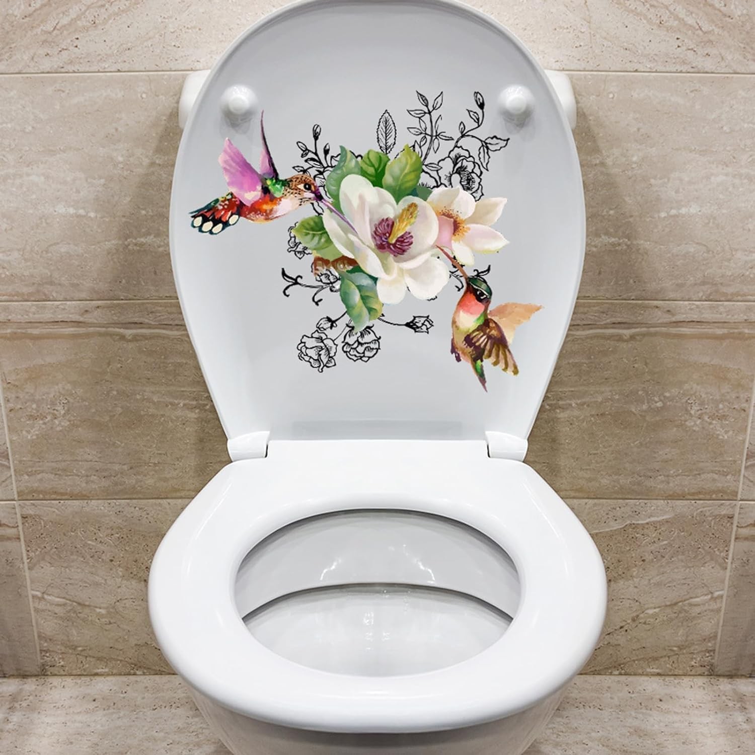 Toilet Seat Lid Stickers Self-Adhesive Bathroom  Waterproof Decor Birds Flower