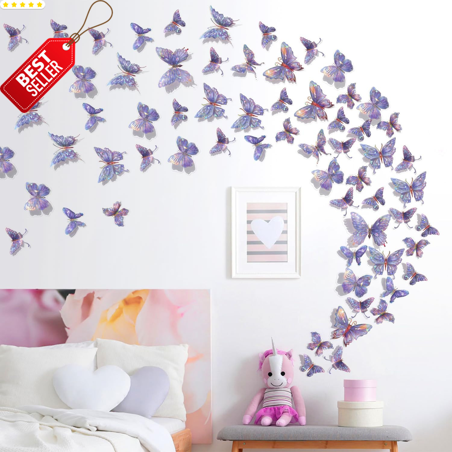3D Butterfly Wall Decor – 50PCS Removable PVC Butterflies Wall Stickers- Multi-S