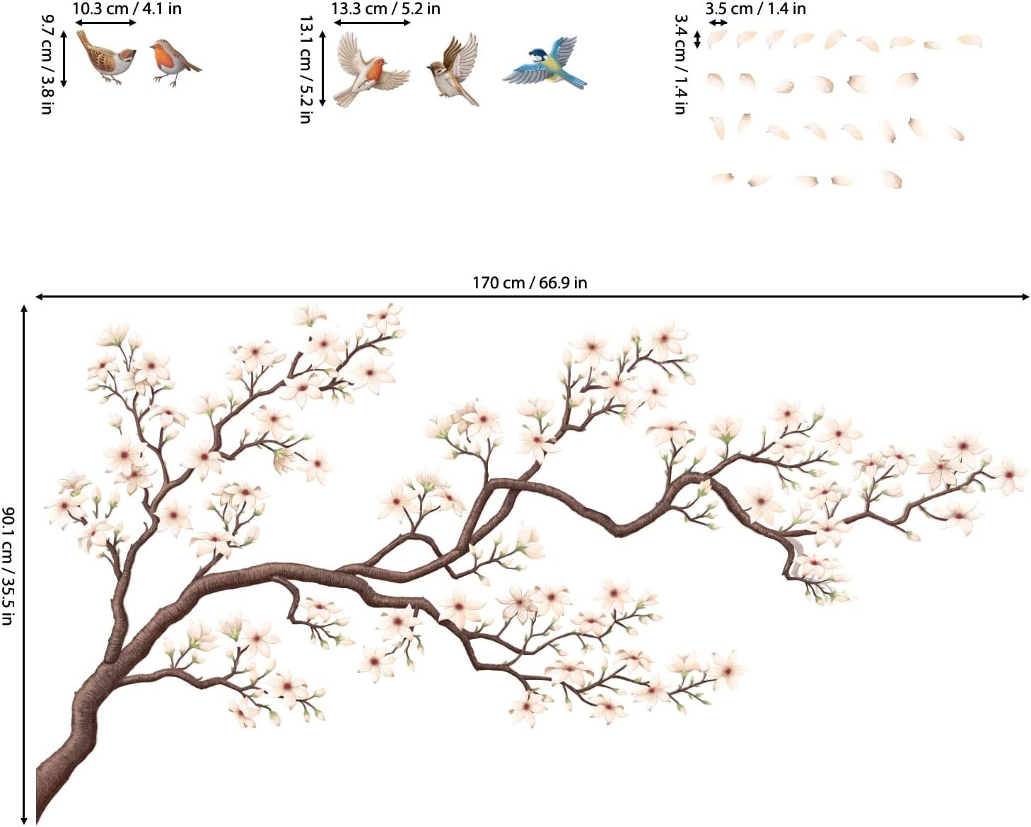 Oriental Flower Tree Wall Stickers Decals White Cherry Blossom Peel and Stick Be