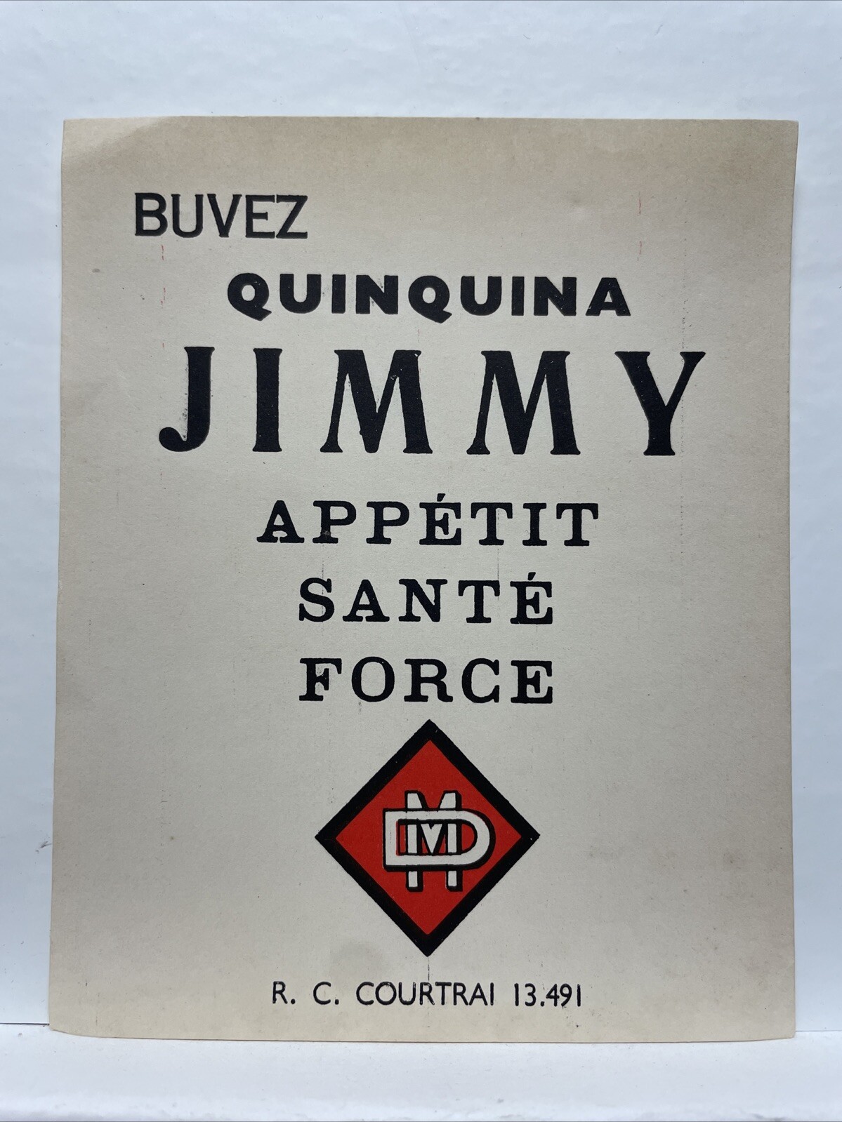 Buvez Quinquina Jimmy Appétit Santé Force MD 1920s/30s Vintage Label – France