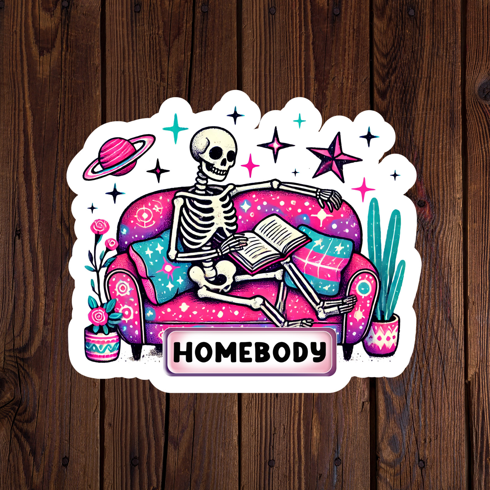 skeleton sticker vinyl decal homebody space stars flowers reading mug laptop