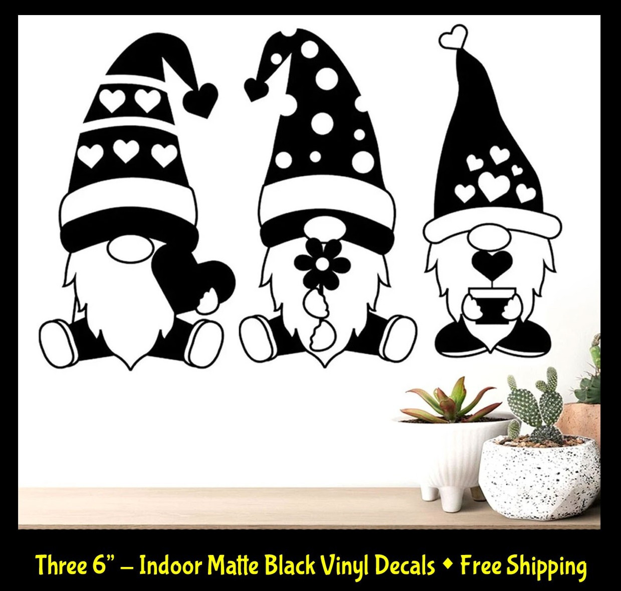 Gnome Heart Love Coffee Three 6" Indoor Removable Matte Black Vinyl Decal Wall