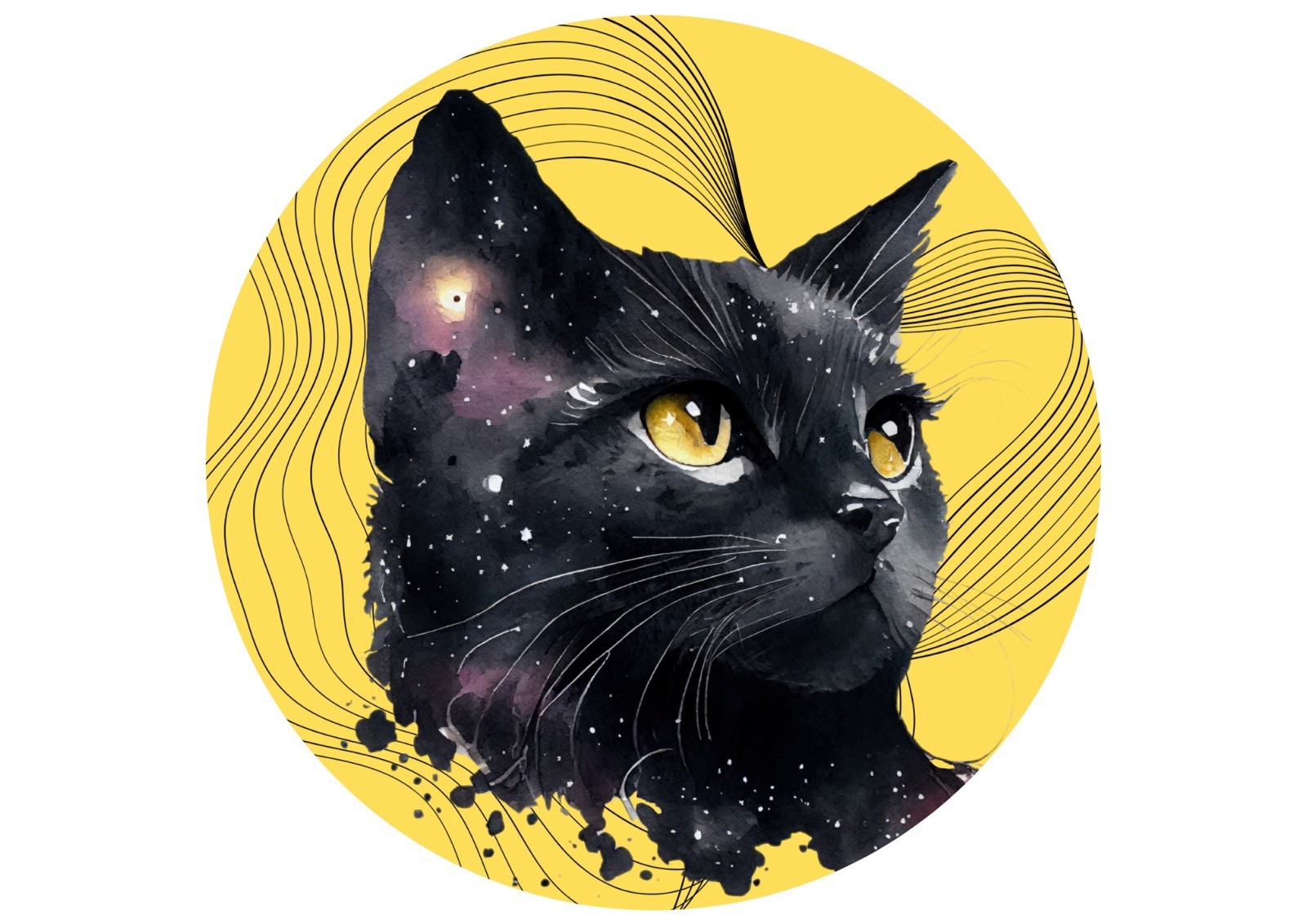 tacky ART sticks Vinyl Round Cat Sticker 3in Yellow Black Self-Adhesive Glossy