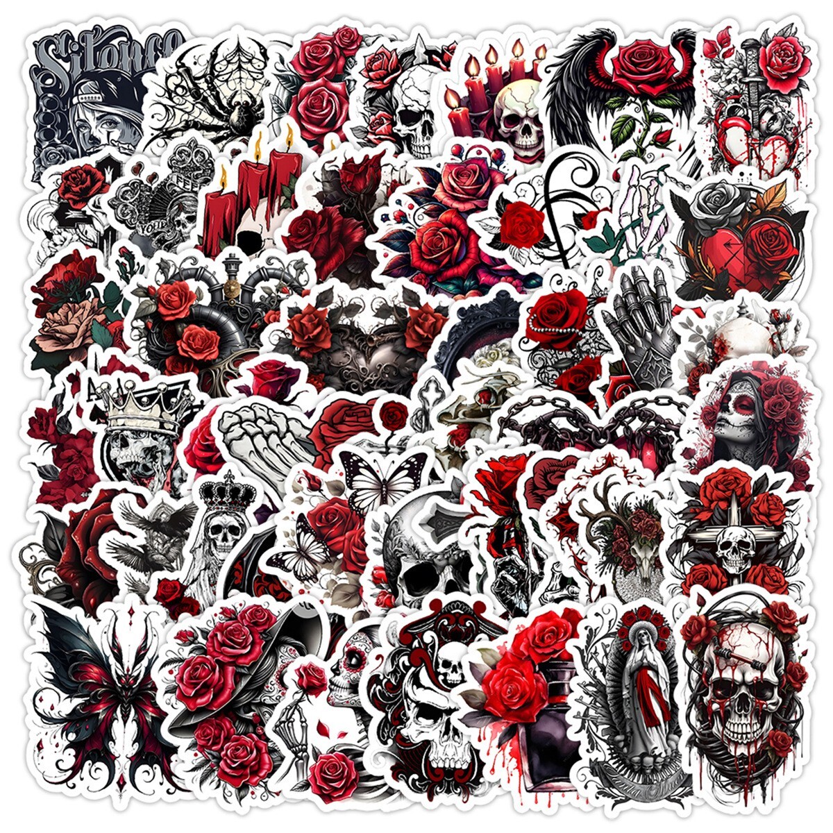 50pcs Waterproof Vinyl Stickers Red Gothic Style Skull Luggage Phone Laptop Car
