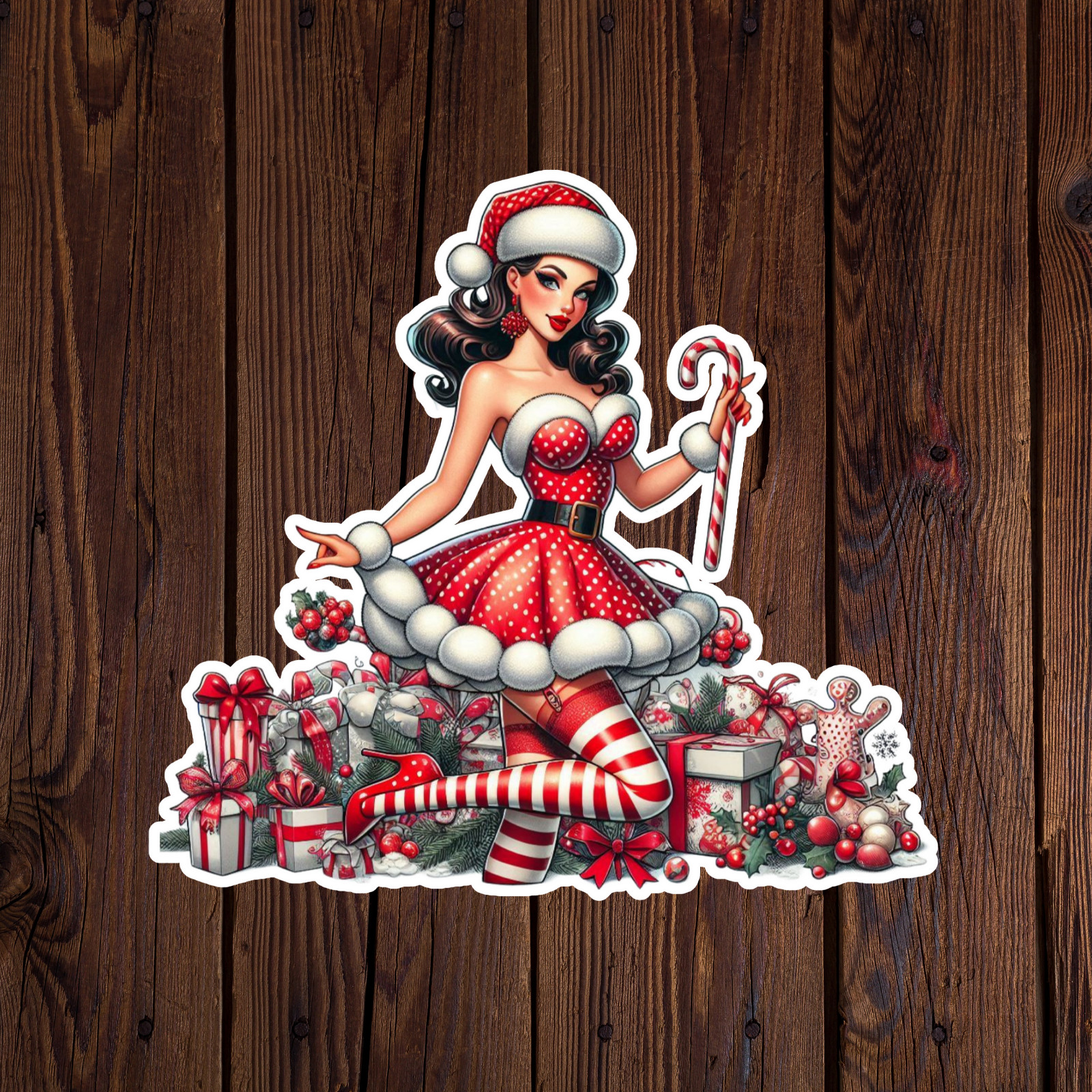 Pinup girl sticker vinyl decal sexy christmas dress high heels red lips