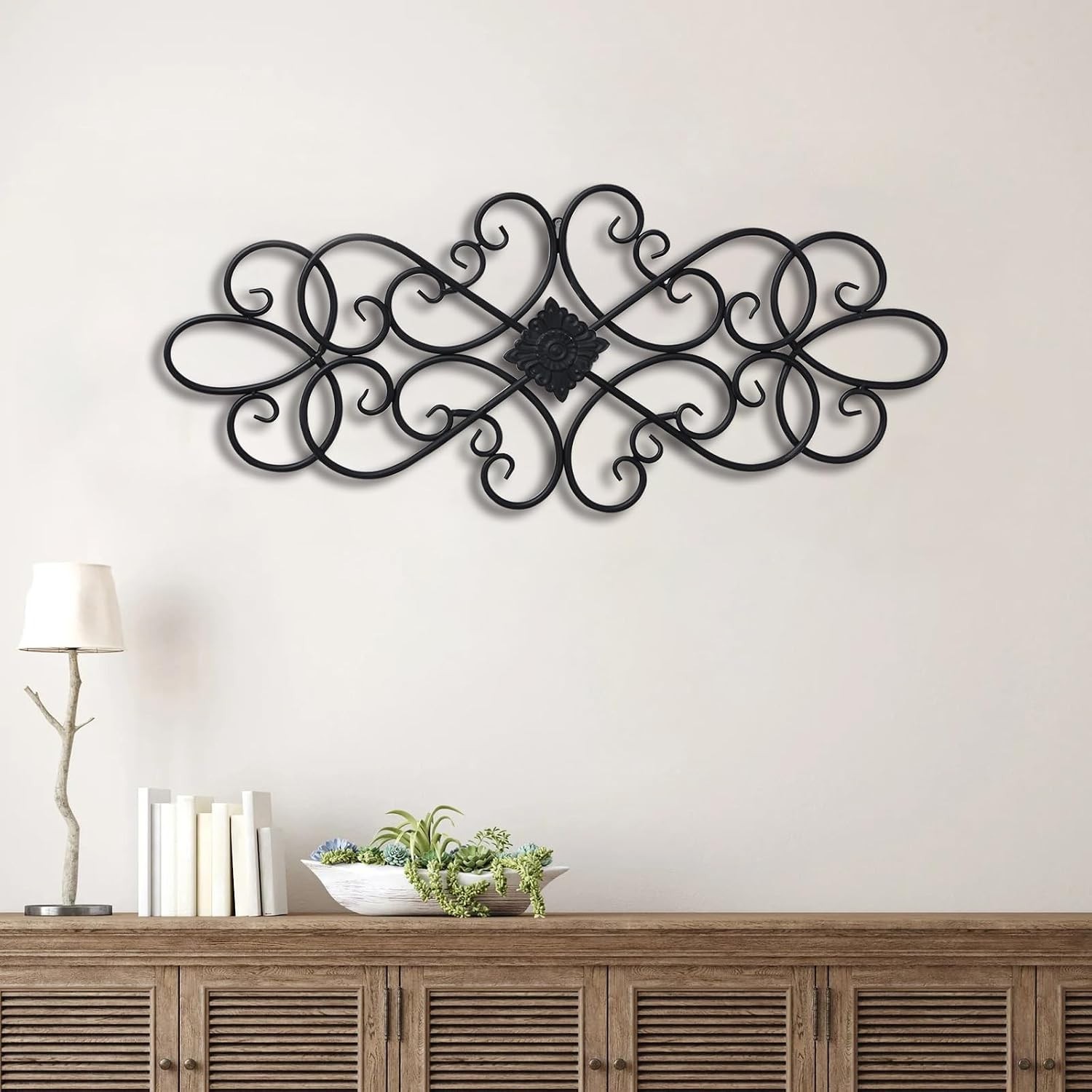 Farmhouse Black Wrought Iron Wall Art 32" – Distressed Scroll Metal Decor Plaque