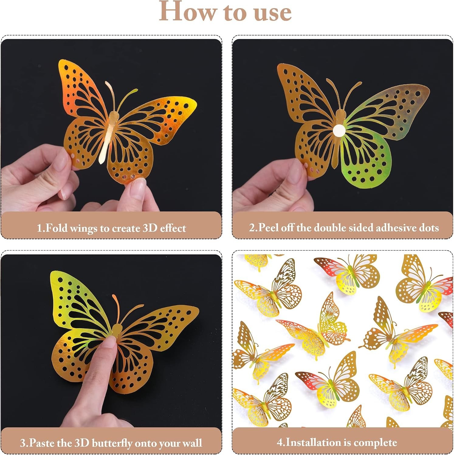 Elegant Butterfly Decals – 48 Removable Gold Wall Decorations in Various Styles