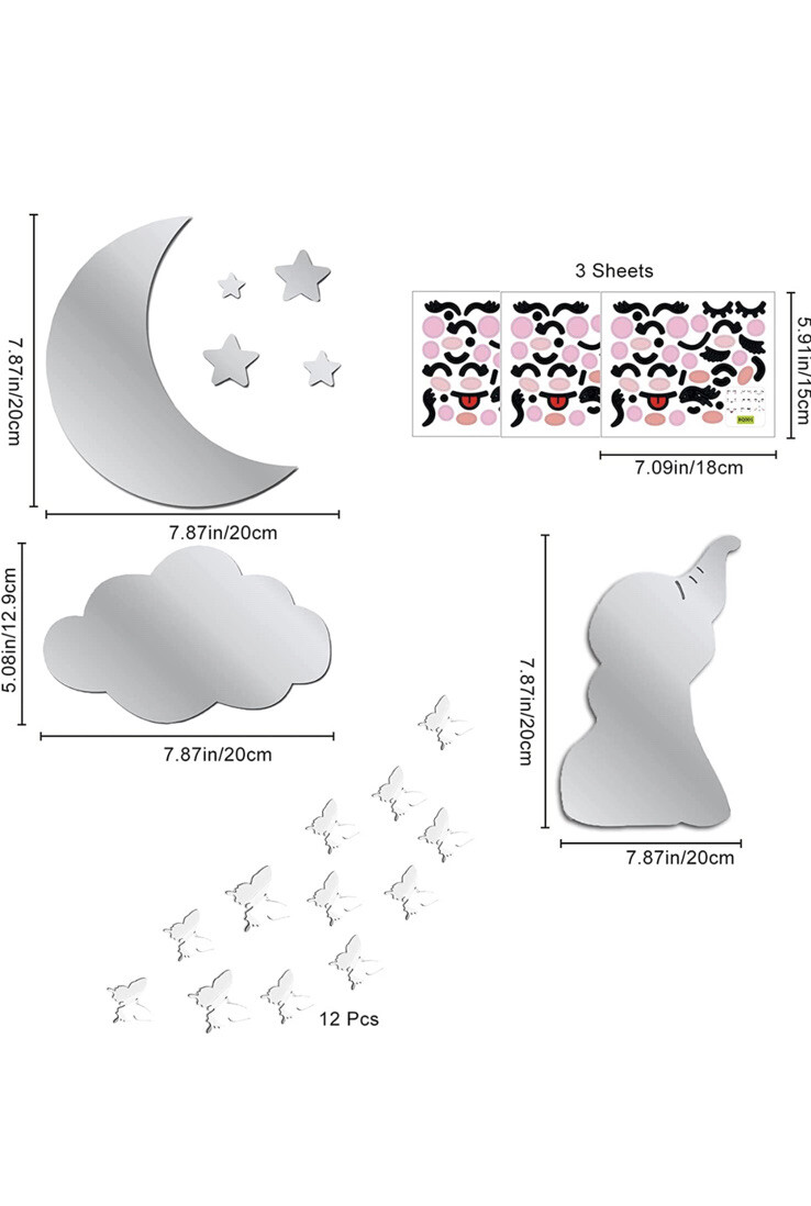 4 Set 3D Acrylic Mirror Wall Stickers , Stars Clouds Butterfly Mirrors Decals