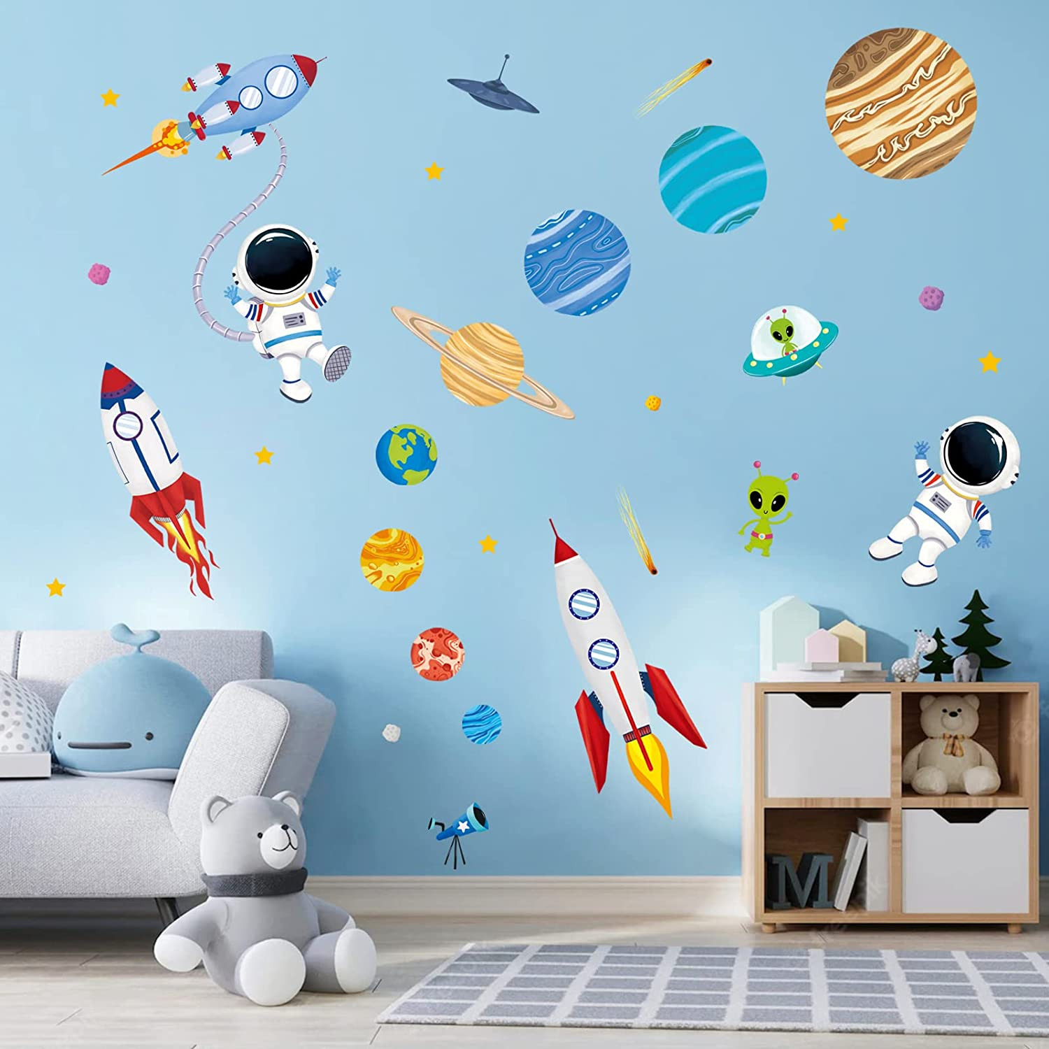 Outer Space Wall Decals Rocket Planets Astronaut Wall Stickers Baby Nursery Boys