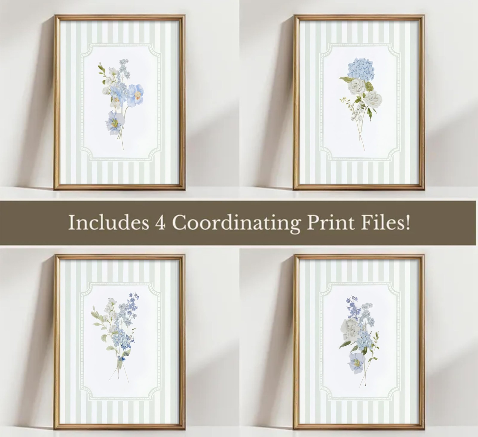 Blue White Florals Wall Art Sage Green Striped Hydrangea Pictures Wall Decor …