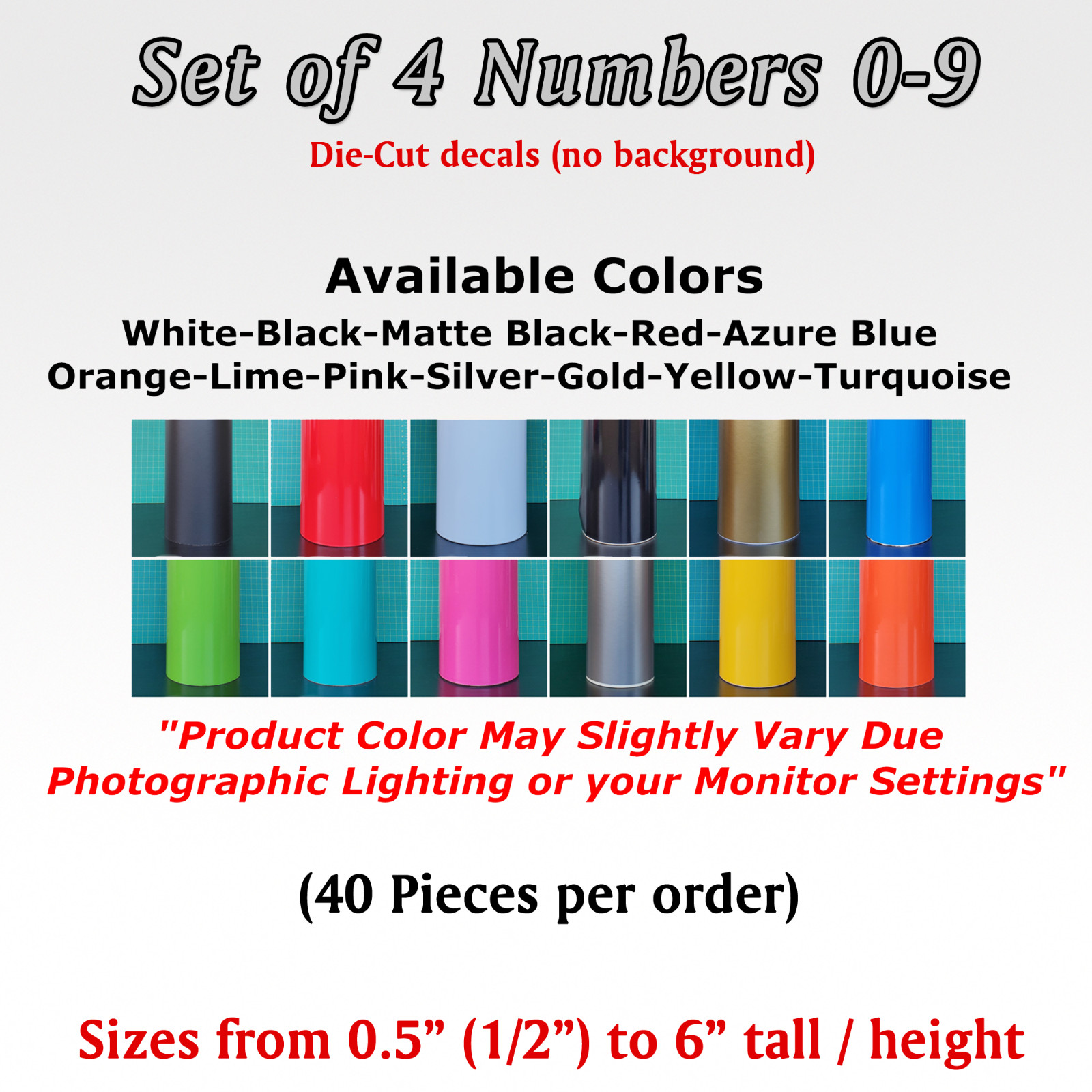 4 pack Numbers 0 to 9 Vinyl Die-Cut Decal set of 40 pieces sticker custom number
