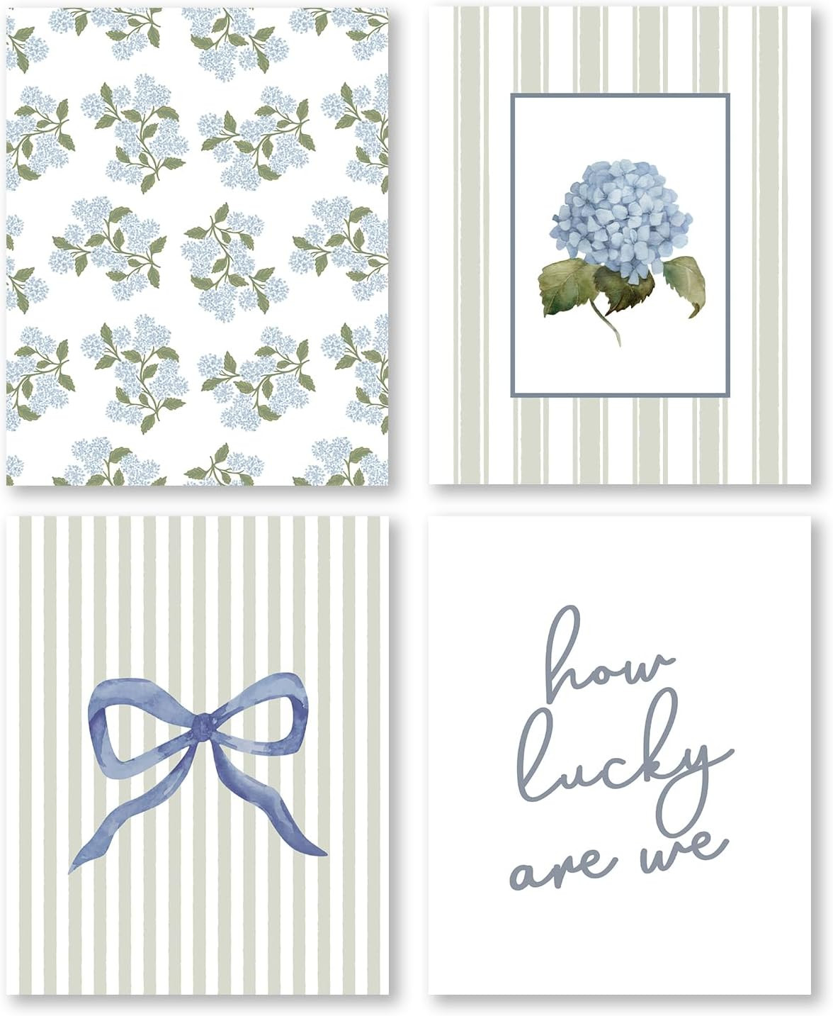 Sage Green Preppy Coquette Blue Bow Hydrangea Floral Wall Art Prints 8X10 Inch S