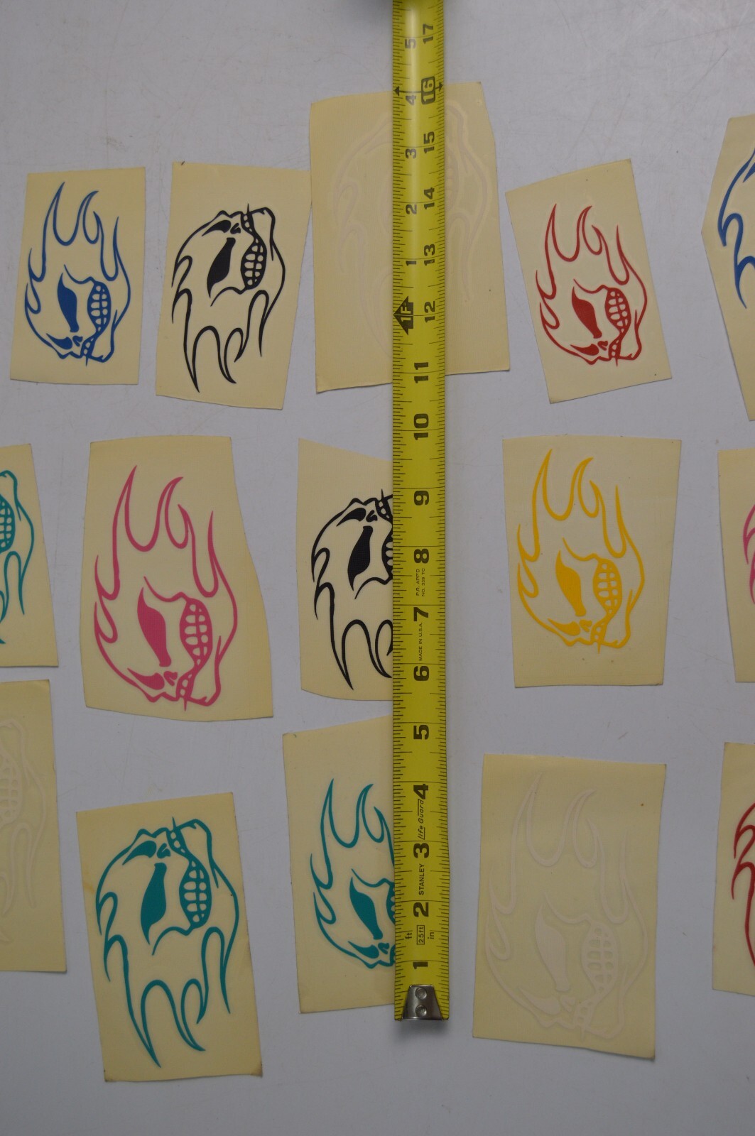 17 Vintage Flaming Skull Vinyl Decal Stickers Lot 1990's Carnival Collectibles