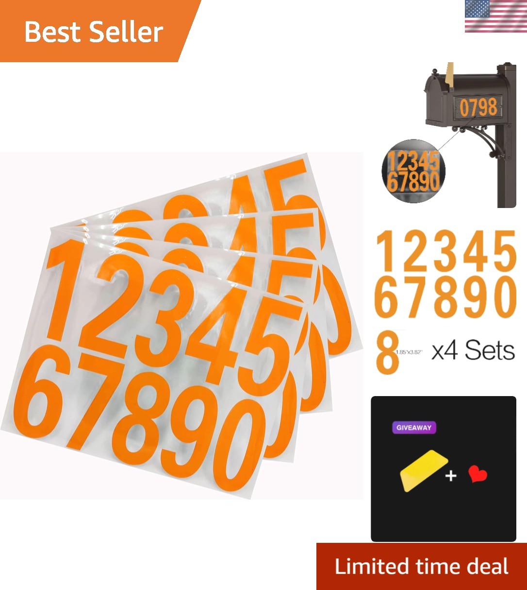 Mailbox Numbers Reflective Stickers for Outside,4 Sets(0-9) 4 Inch Orange Vinyl