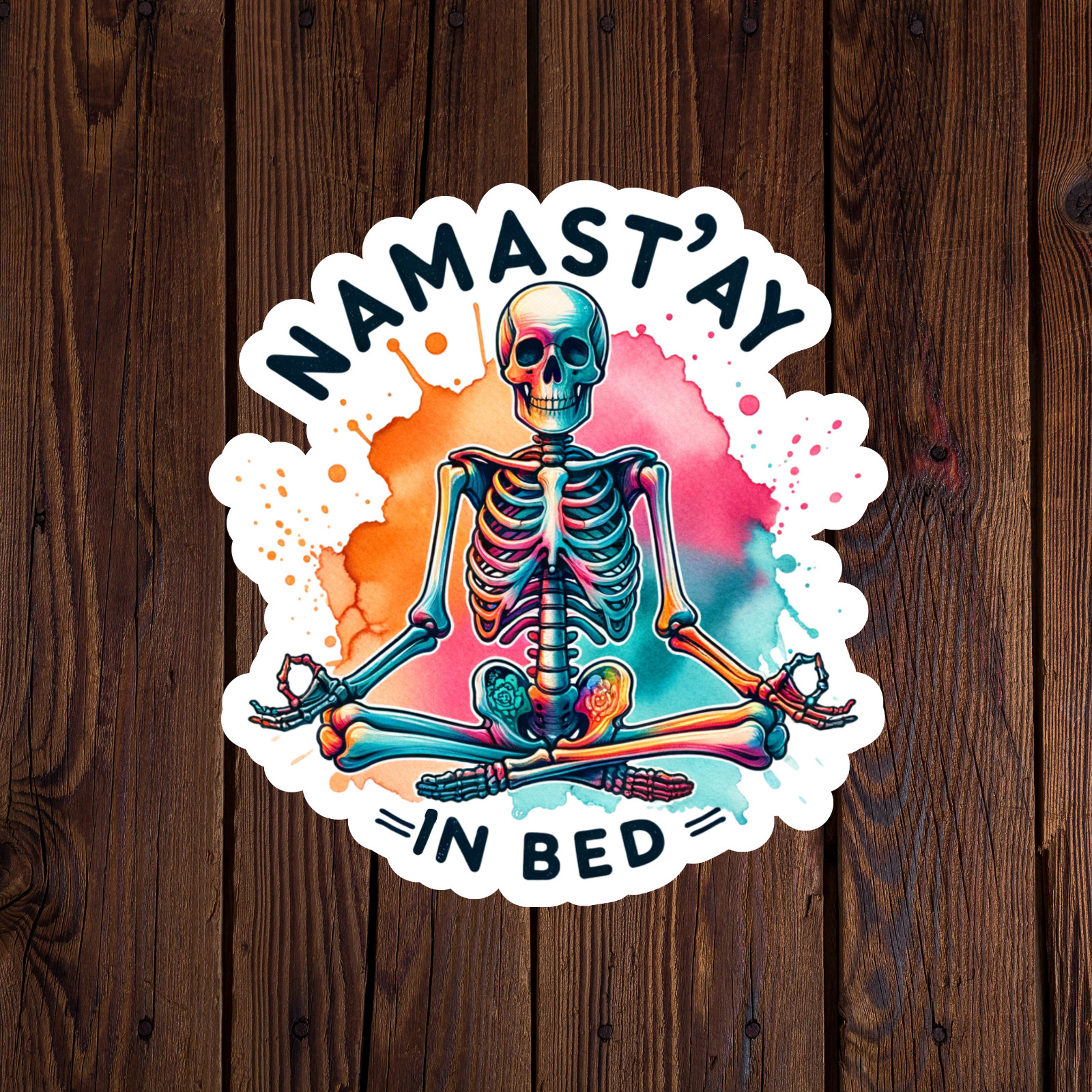 Skeleton sticker vinyl decal namast'ay in bed meditation watercolor funny mug