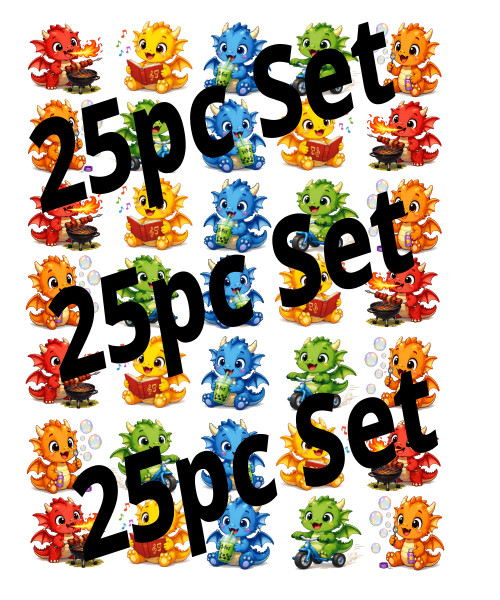 Cute Fantasy Baby Dragons, 25pc Set, Die Cut, Heavy Duty Vinyl, 1.5" x 1.5"