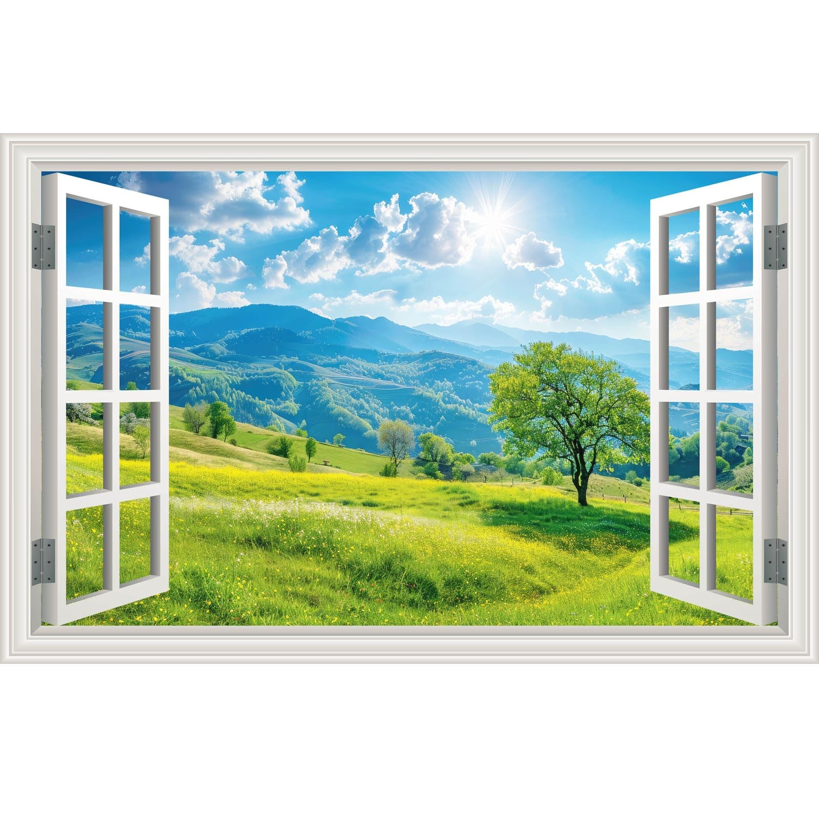Fake Window Wall Sticker Summer Mountain Grassland Green Forest Tree Faux Win…