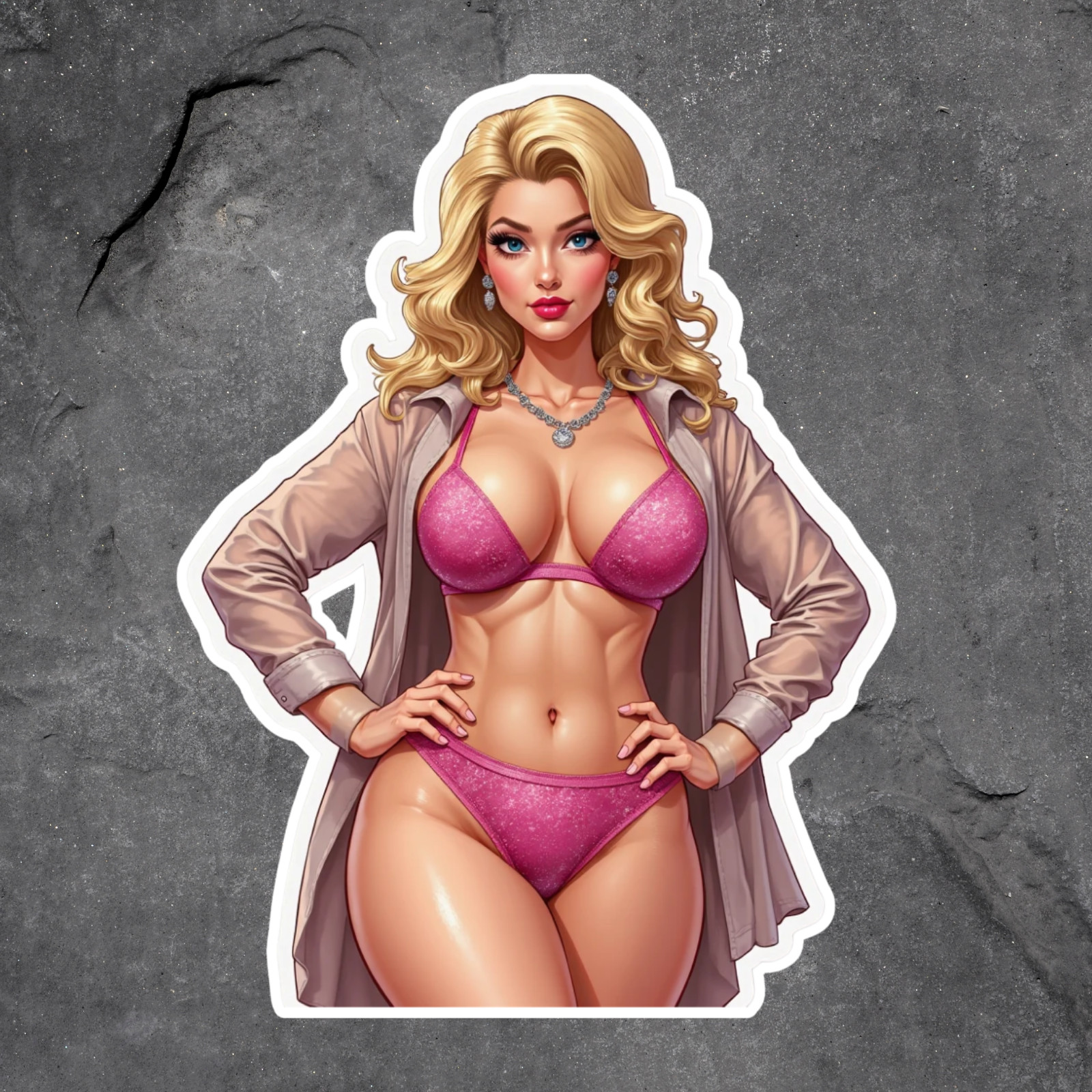 Pinup girl sticker vinyl decal blonde pink bikini glitter glamour retro art