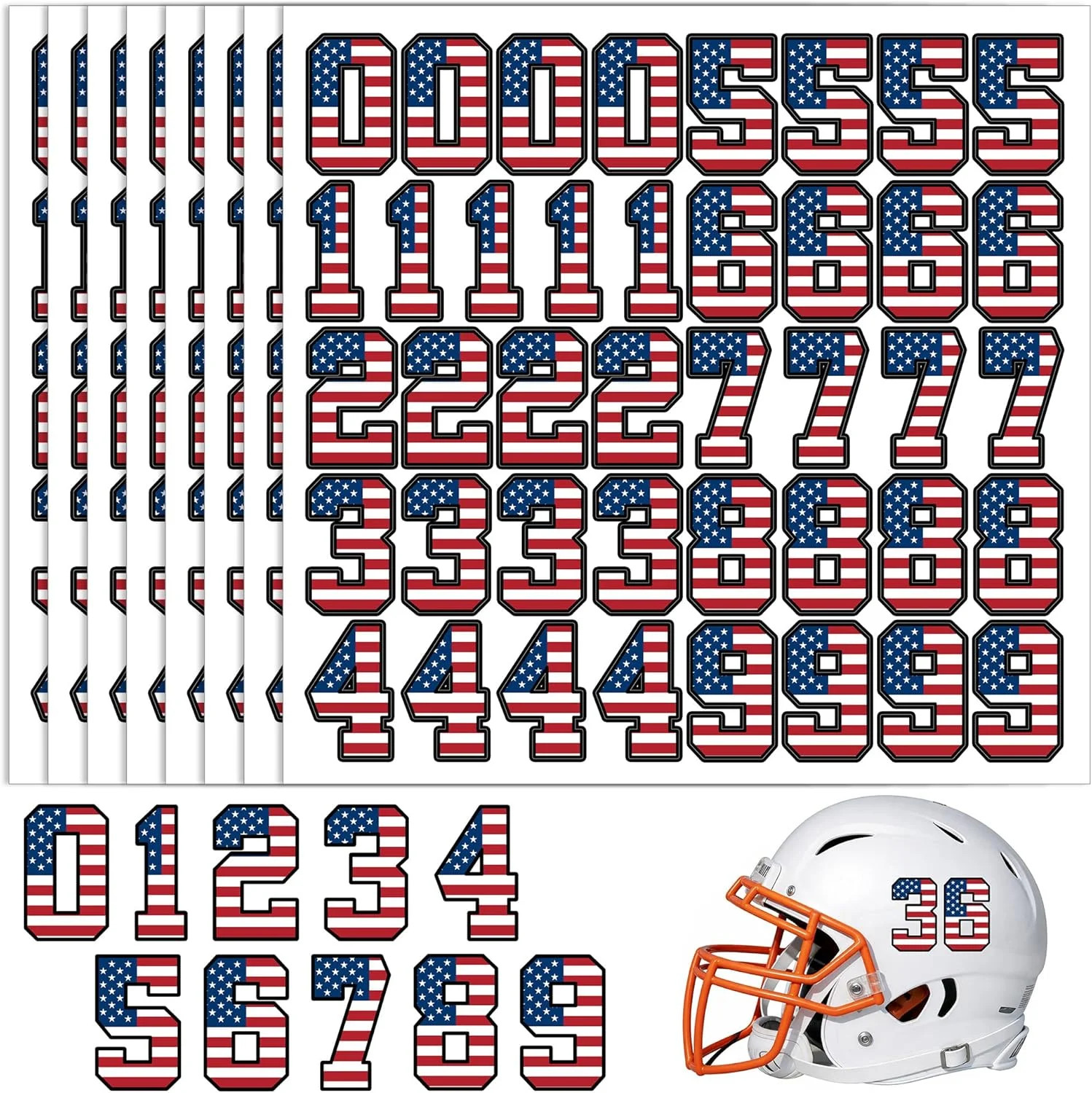 328 Pcs American Flag Helmet Number Stickers, Red White Blue Patriotic Sports He