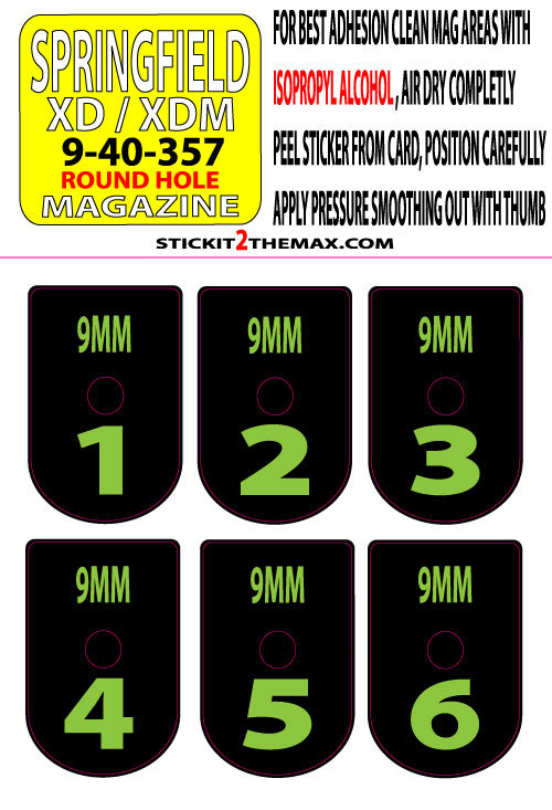FITS SPRINGFIELD XD / XDM 9MM LIME NUMBER SET 1-6 MAGAZINE BASE PLATE STICKERS