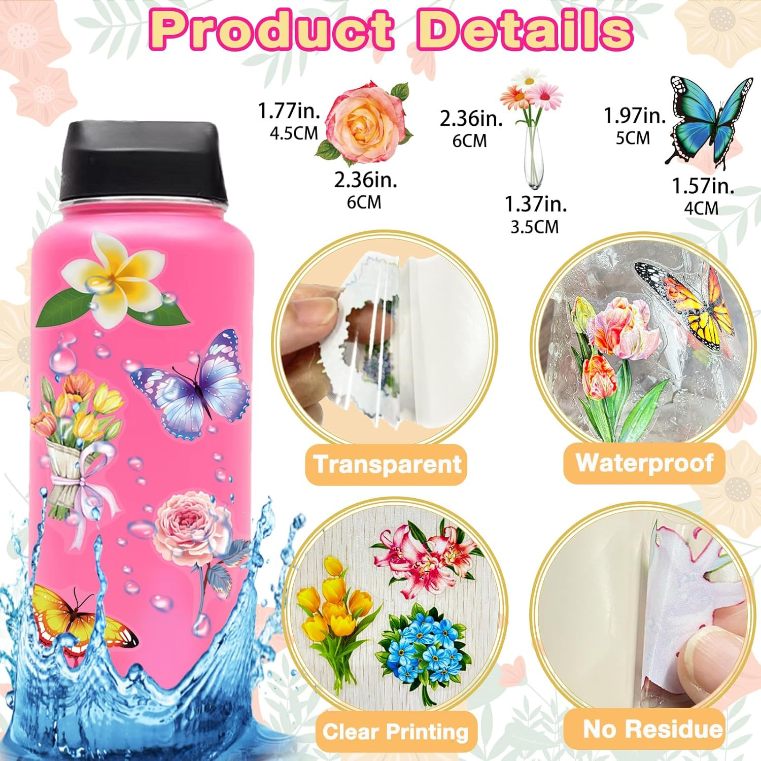 200Pcs Transparent Flower Butterfly Stickers, Aesthetic Nature Floral Decals …