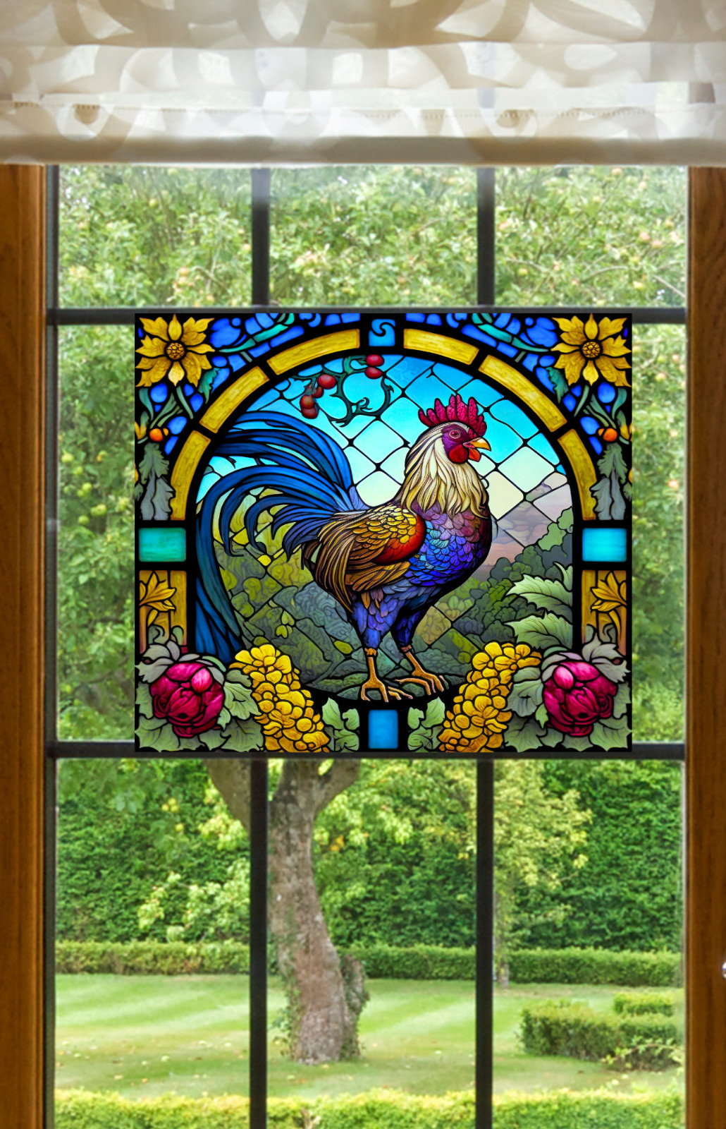 Rooster Faux Stained-Glass WINDOW CLING Size 9" Repositionable Vinyl