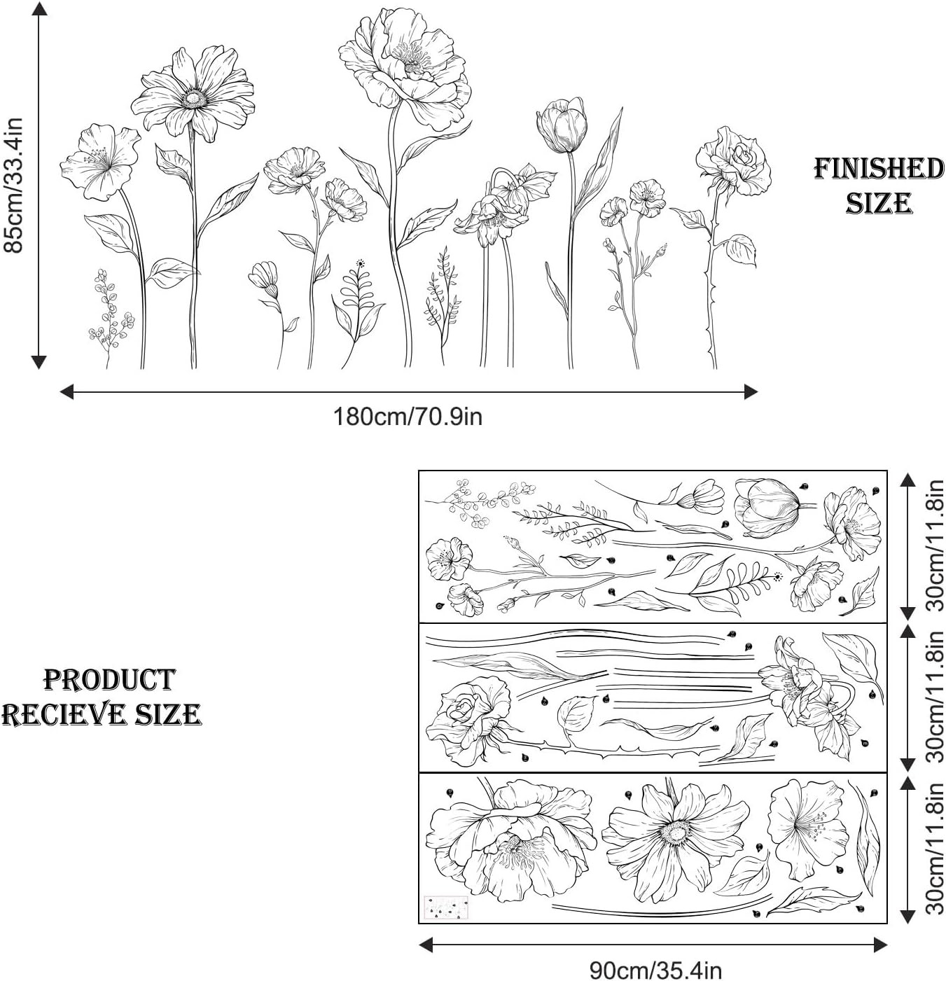 Large Black Boho Flower Wall Decals, 3 Sheets Simple Sketch Floral Wall