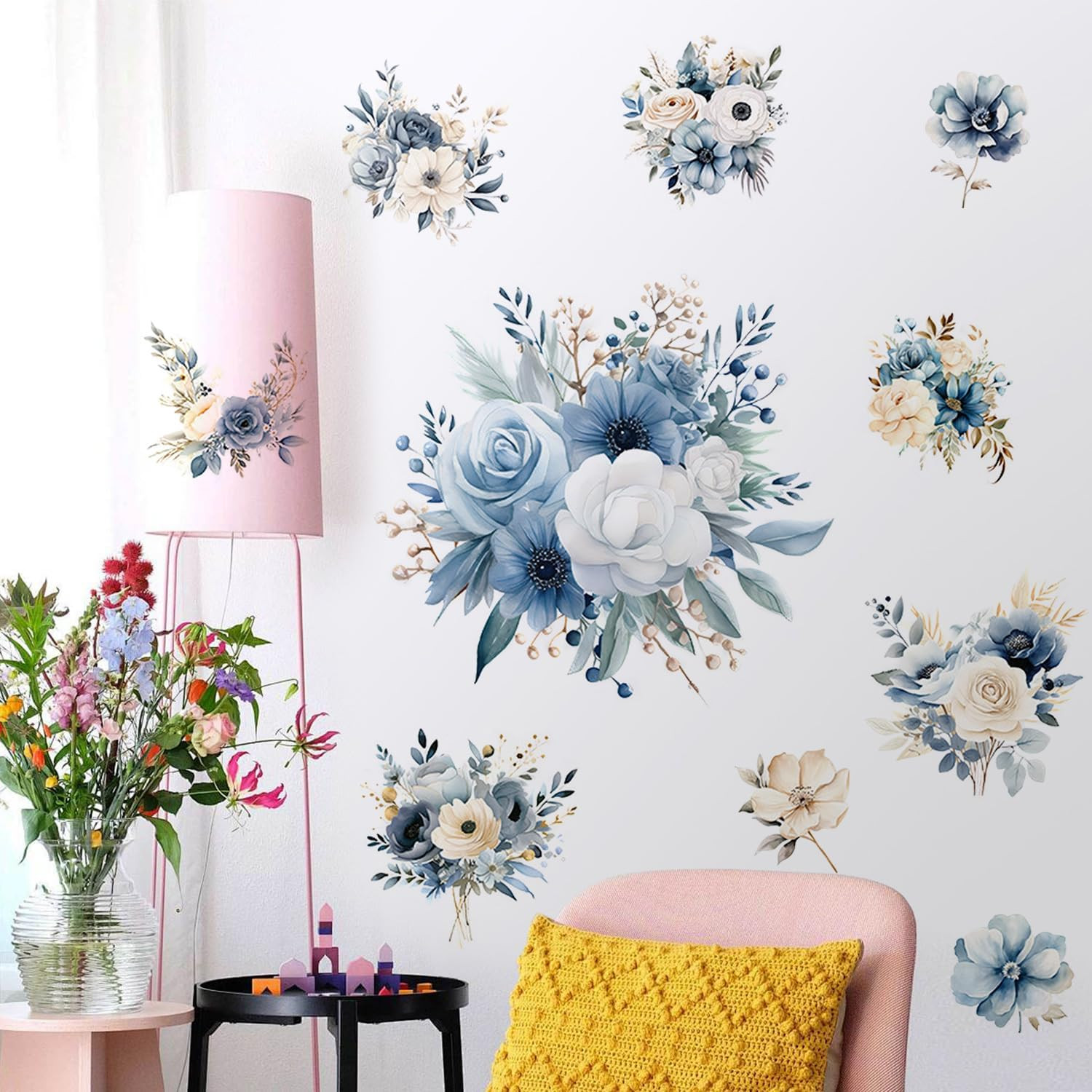 Blue Peony Flower Wall Decals Peel and Stick Rose Leaf Botanical Wall Stickers R