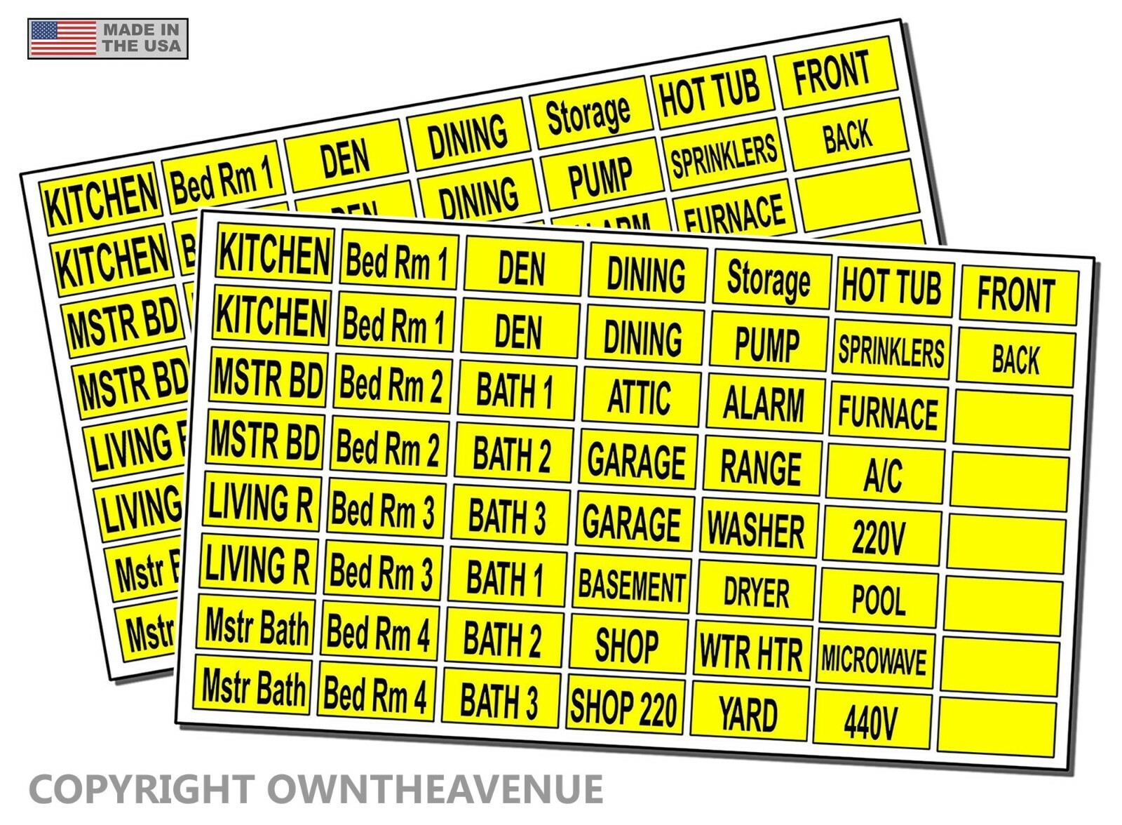Household Electrical Panel Labels Vinyl Stickers Yellow 112 PCS