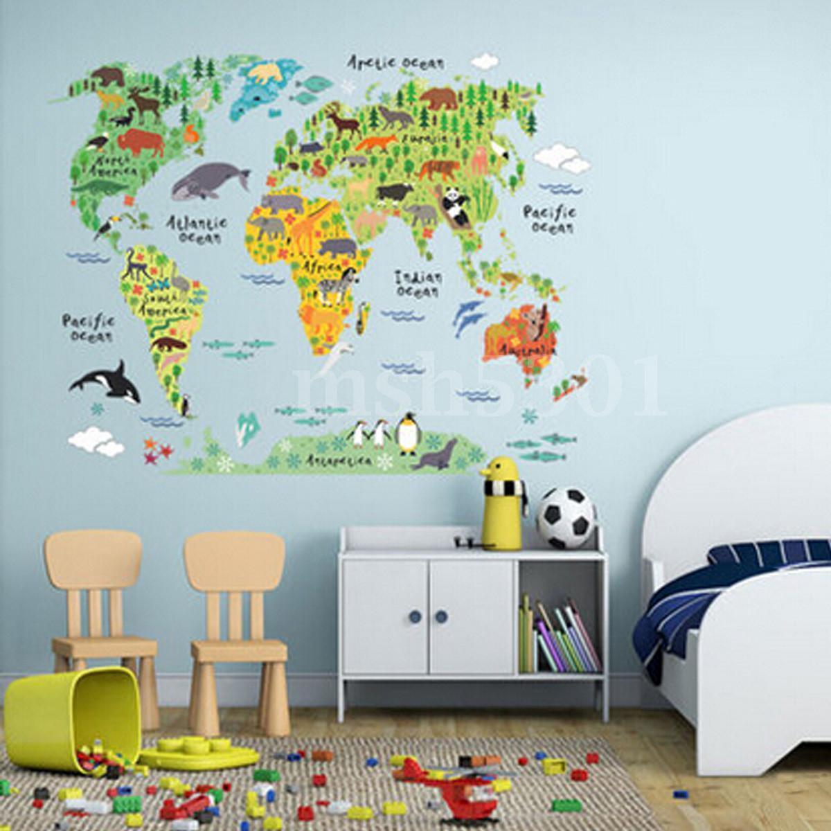 Animal World Map Removable Vinyl Wall Sticker Decal School Office Home Decor