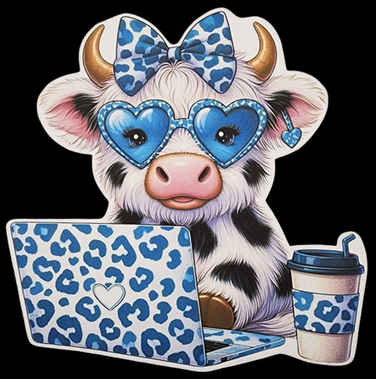 Blue White Highland Cow Animal Waterproof Car Decal Wall Poster Vinyl Sticker