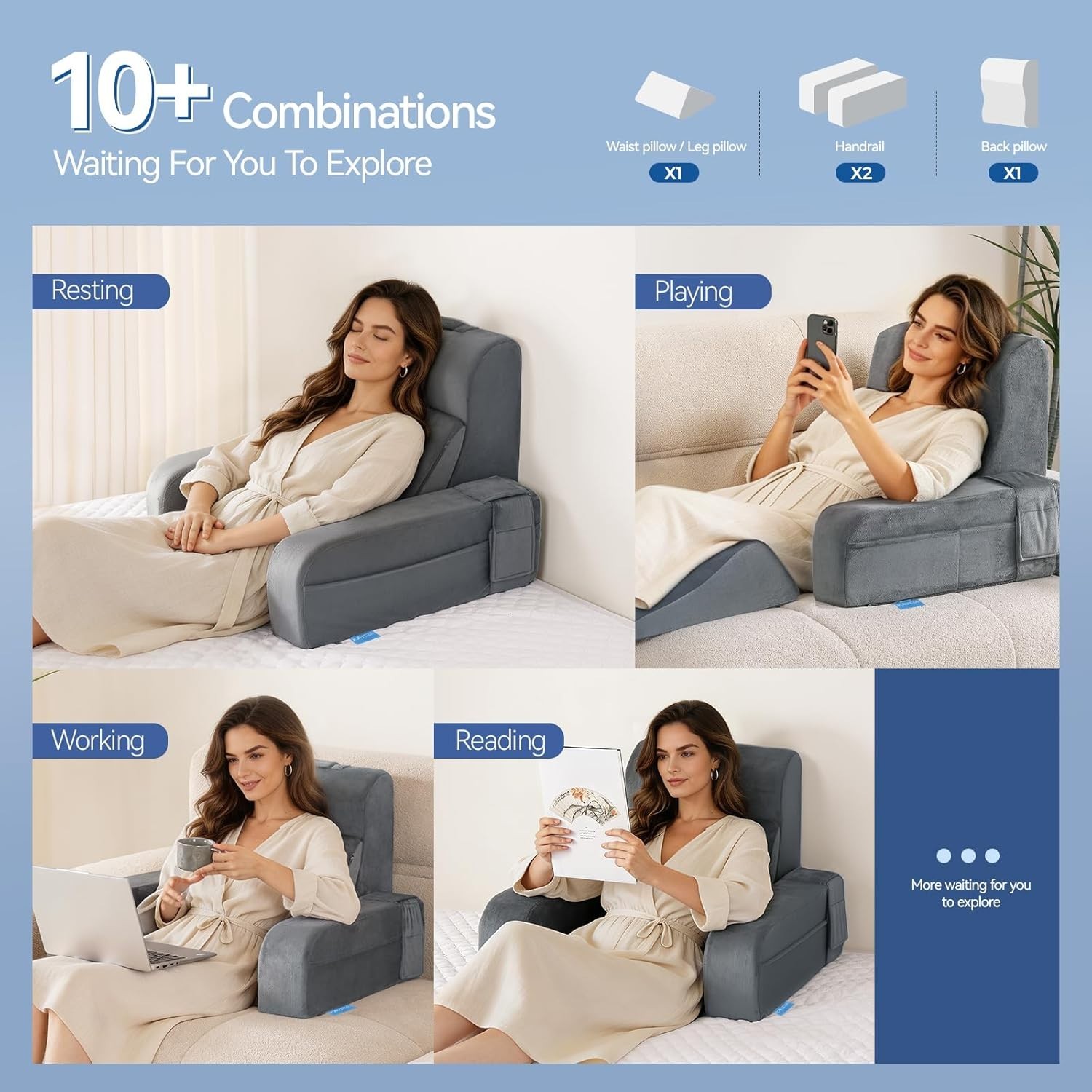 Reading Pillow, 10 in 1 Back Pillow for Bed Sitting up with Detachable Arms Rest