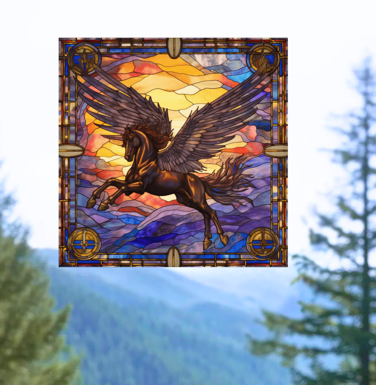 Pegasus Horse Faux Stained-Glass WINDOW CLING Size 8" Vinyl