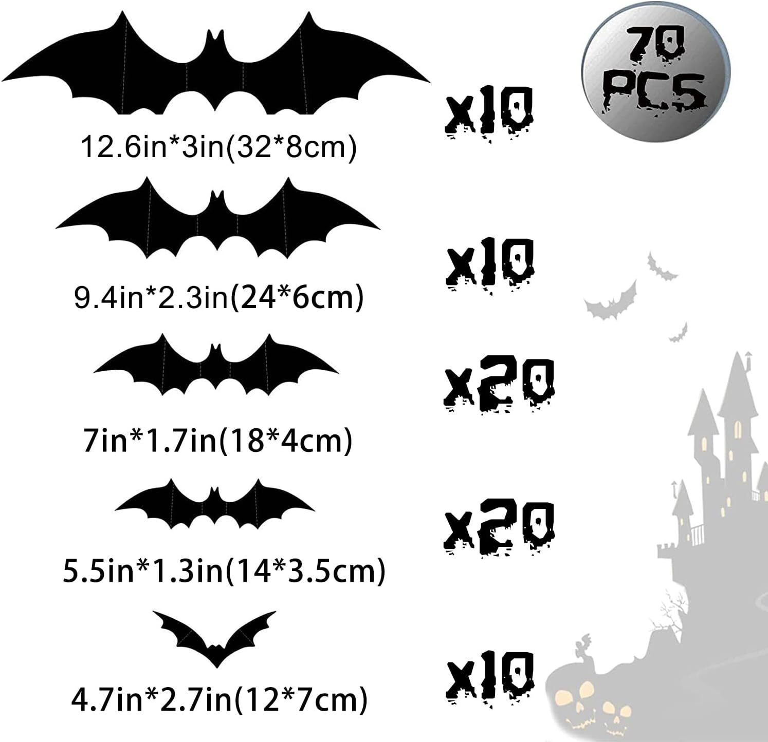 Halloween 3D Bats Wall Decor – 70 Pcs 5 Different Sizes Matte 70 PCS, Black