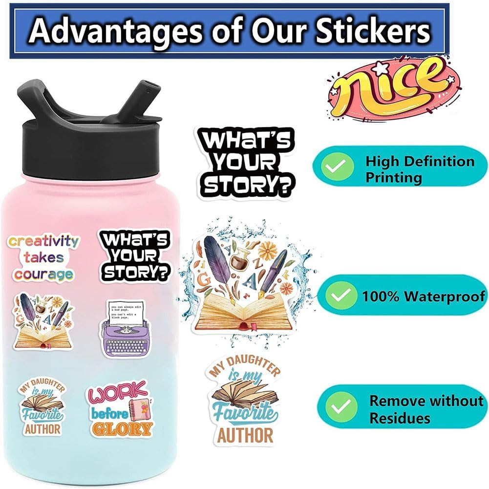 Writer Stickers |50Pcs Author Waterproof Vinyl Decals for Water Bottles Laptop L