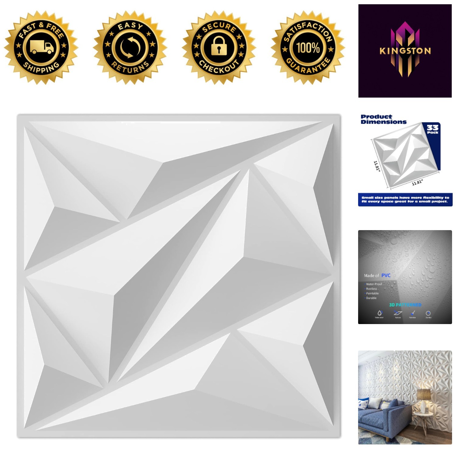 PVC 3D Wall Panels – 33 Pack Stylish Diamond Design for Indoor Use