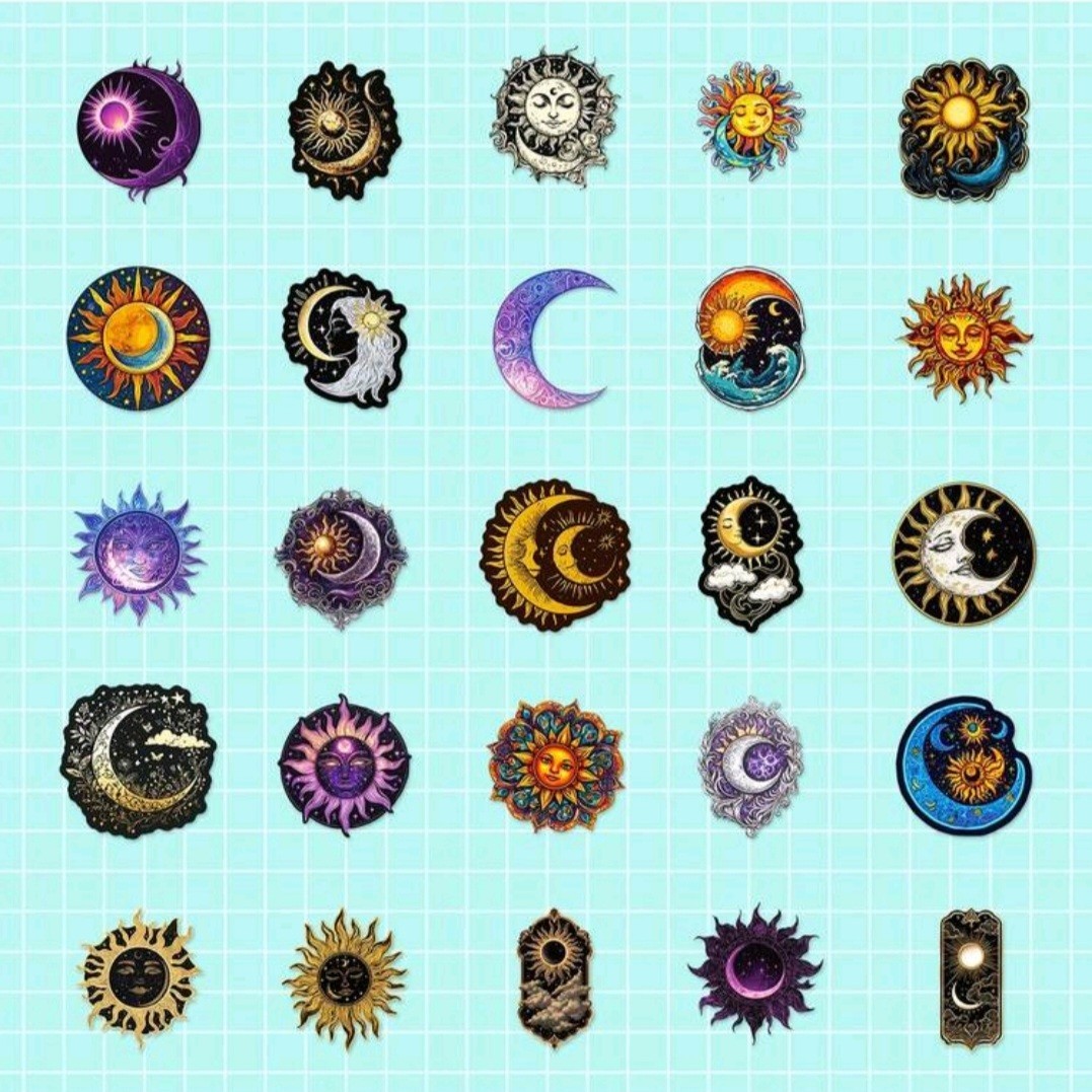 20 Pcs Celestial Sun Moon Vinyl Stickers Set, Waterproof, Phones, Bottles.