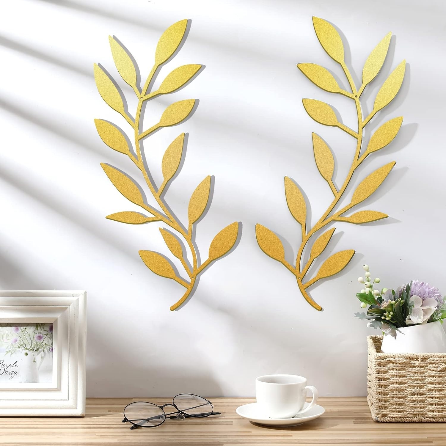 Set of 2 Gold Metal Leaf Wall Hanging – Perfect Art for Living Room & Hallway